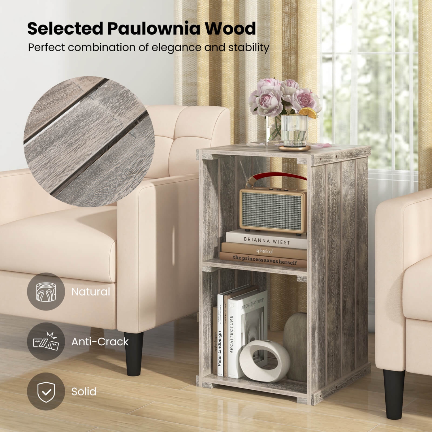 Costway 1 PCS 2-Cube Storage Shelf Slatted Paulownia Wood Cubic Organizer with Open Back Brown