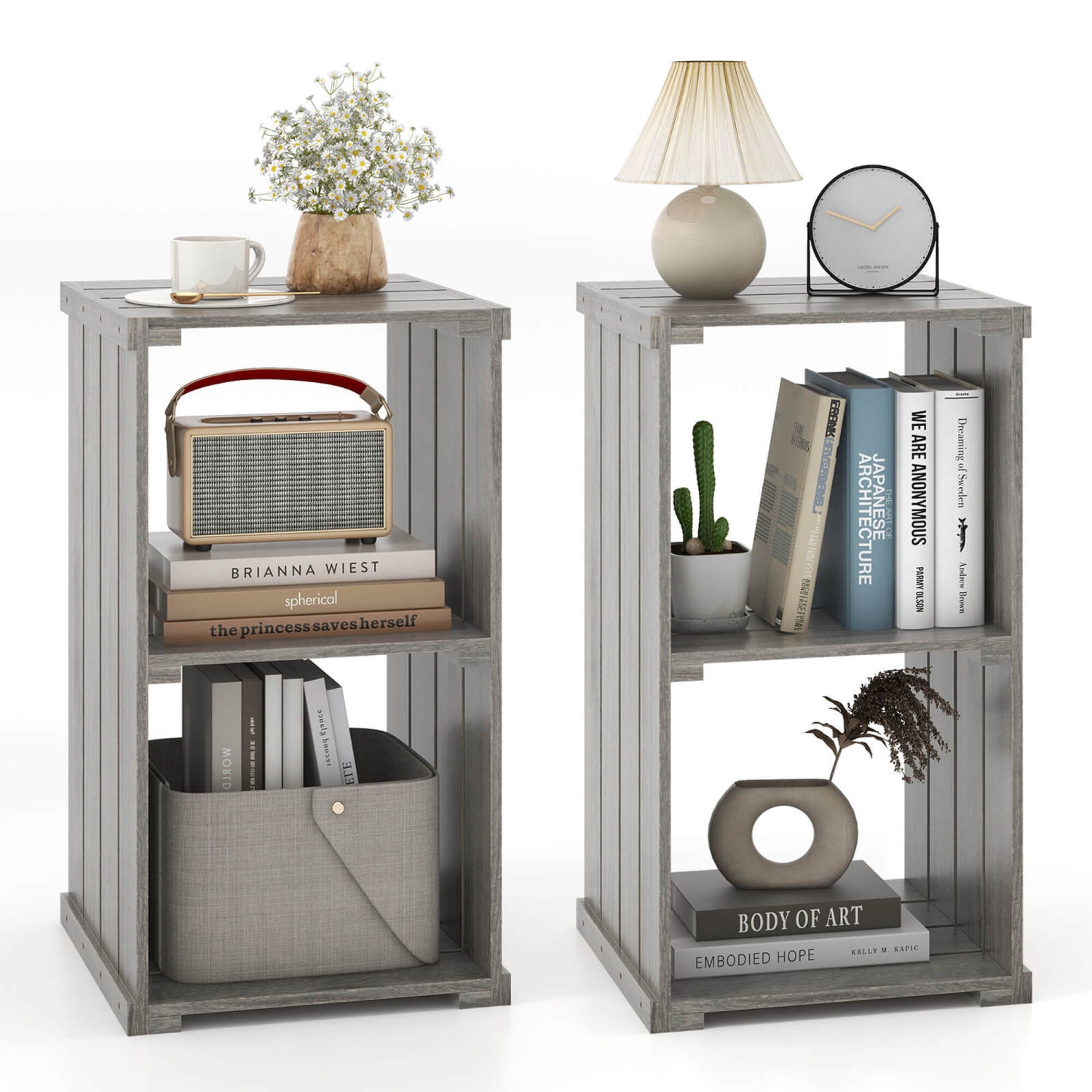 Costway 2 PCS 2-Cube Storage Shelf Slatted Paulownia Wood Cubic Organizer with Open Back Gray