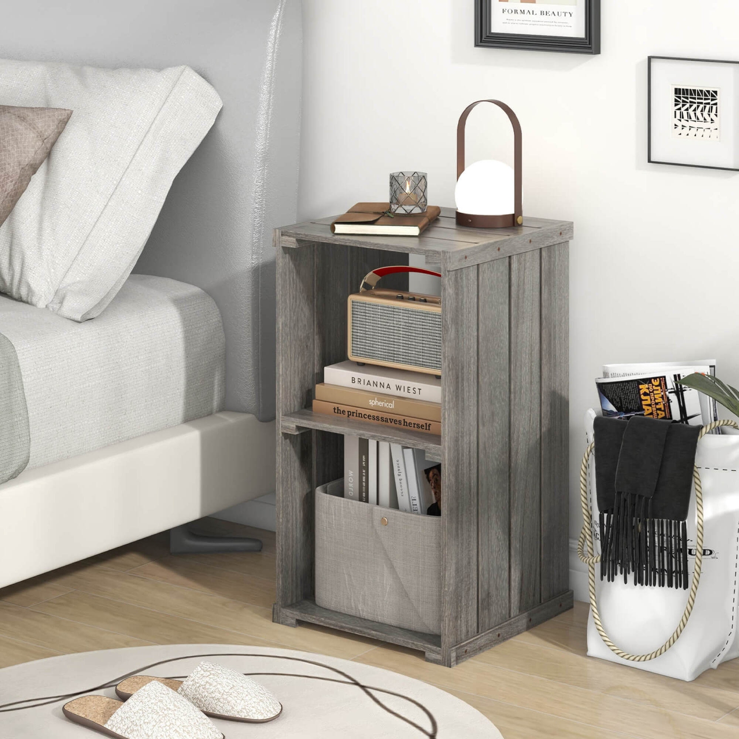 Costway 2 PCS 2-Cube Storage Shelf Slatted Paulownia Wood Cubic Organizer with Open Back Gray
