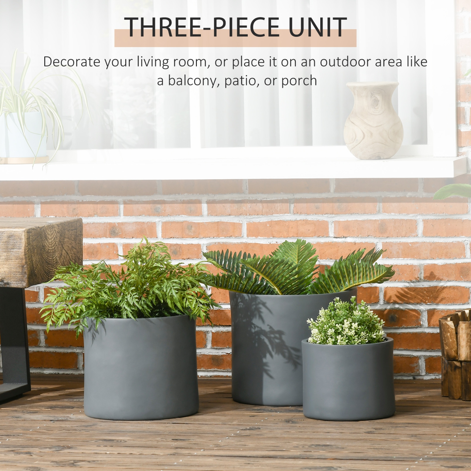Outsunny Set of 3 Outdoor Planter Set, 13/11.5/9 in, Flower Pots with Drainage Holes, Outdoor Plant Pots for Patio, Yard, Garden