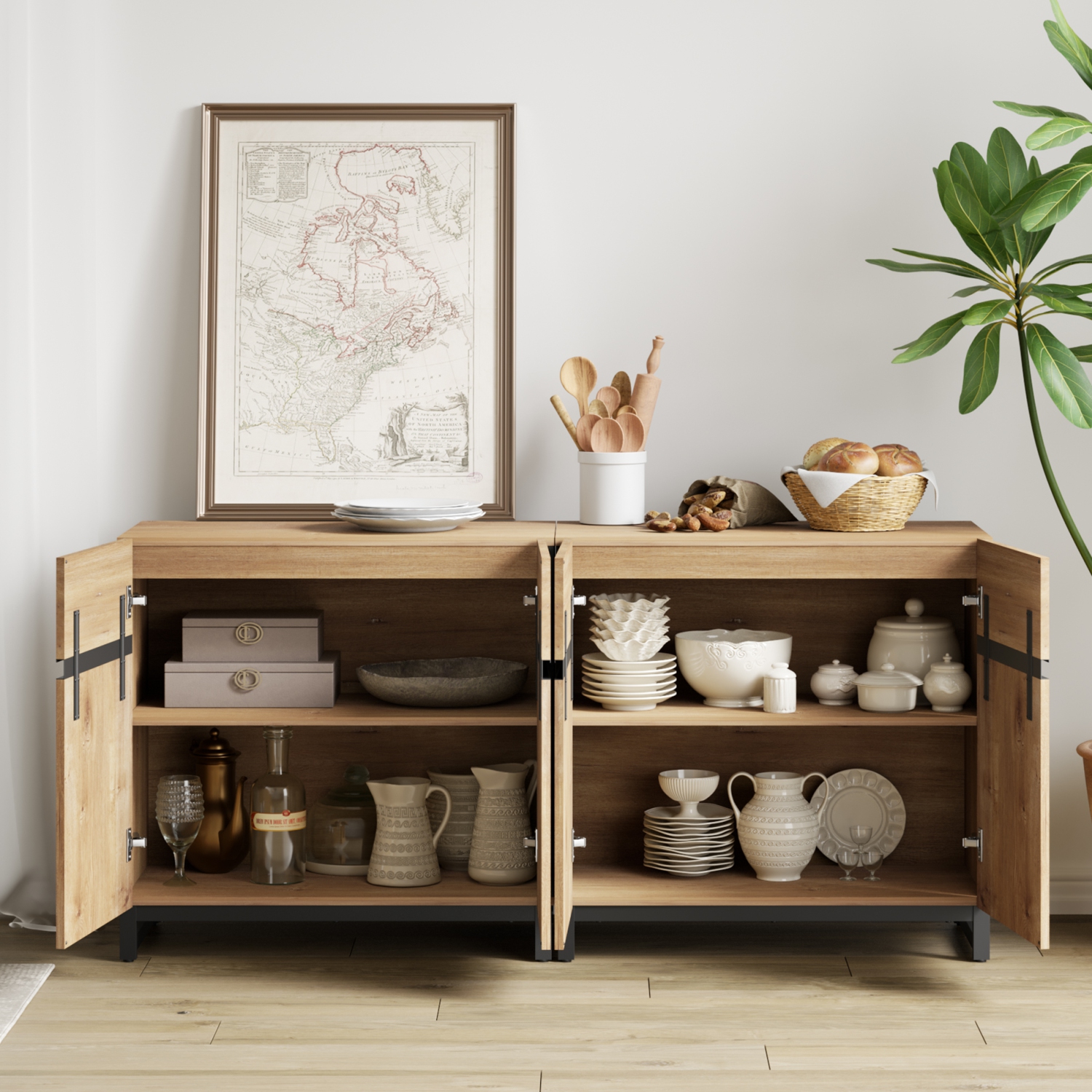 Buffet multifonctionnel 2 en 1 WAMPAT, armoire de rangement moderne avec tablette réglable et base en métal, armoire de rangement de bar à café pour
