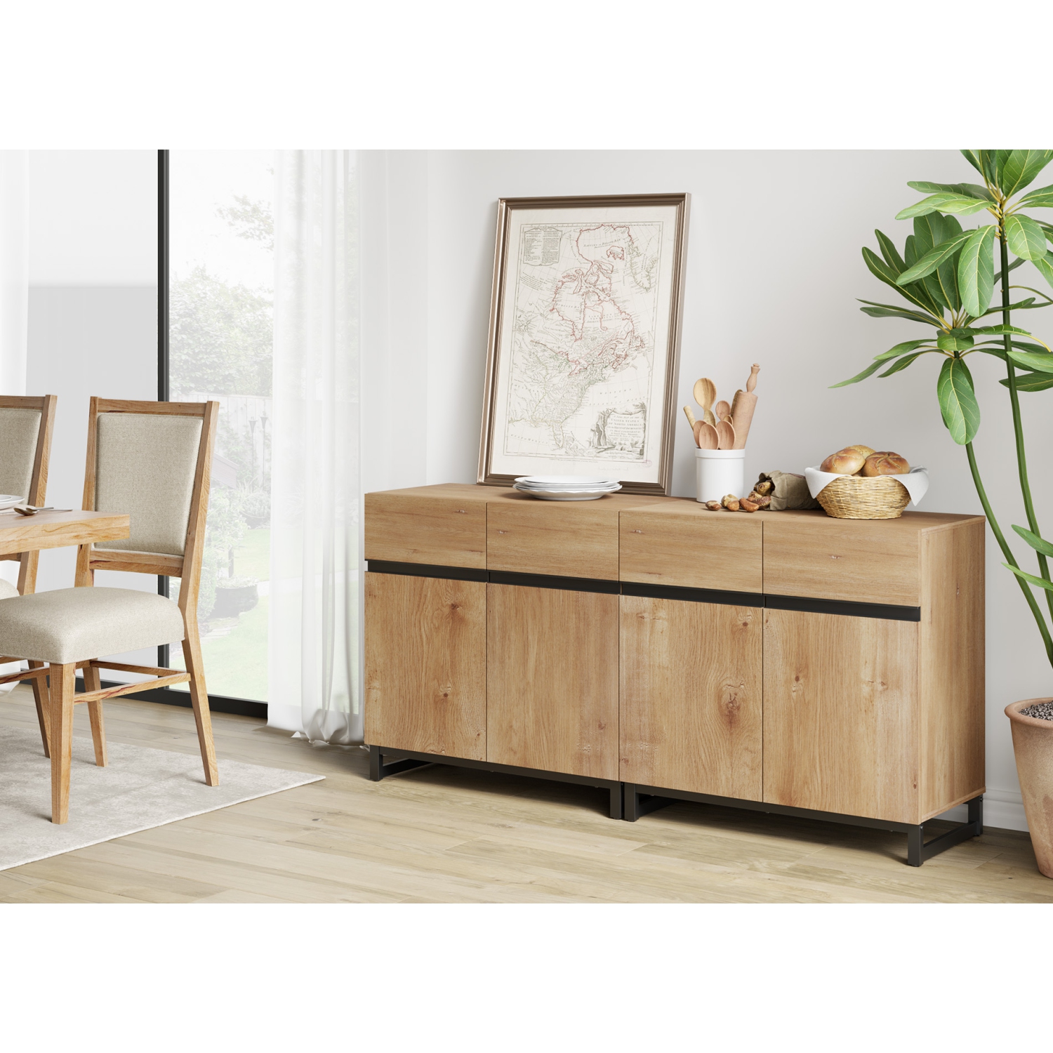 Buffet multifonctionnel 2 en 1 WAMPAT, armoire de rangement moderne avec tablette réglable et base en métal, armoire de rangement de bar à café pour