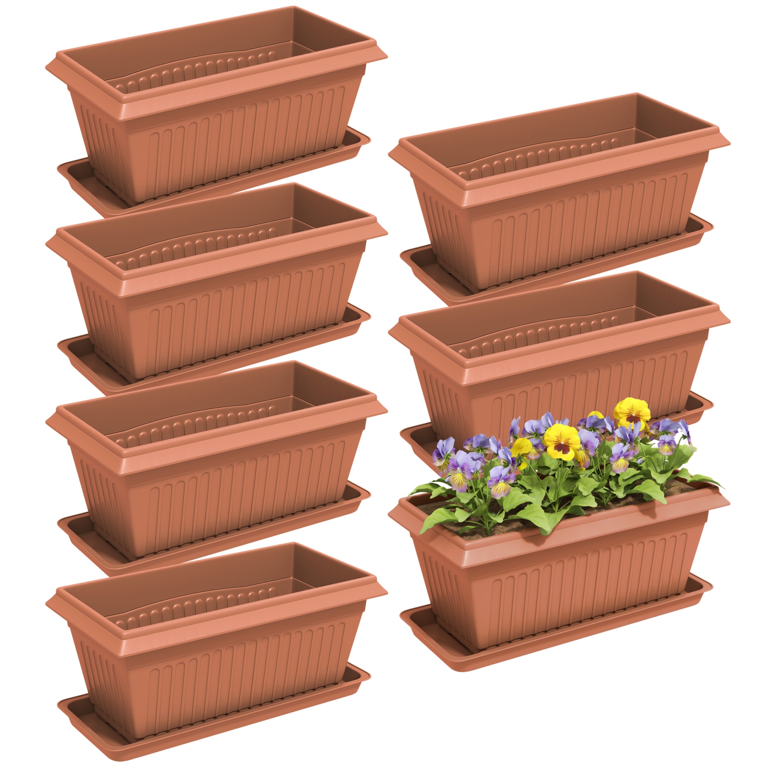 Outsunny 7 Pack 15.7 Inch Plant Pots with Drainage Holes and Trays, Rectangular Plastic Flower Planters for Indoor Outdoor Plants, Herbs, Succulent, Brown