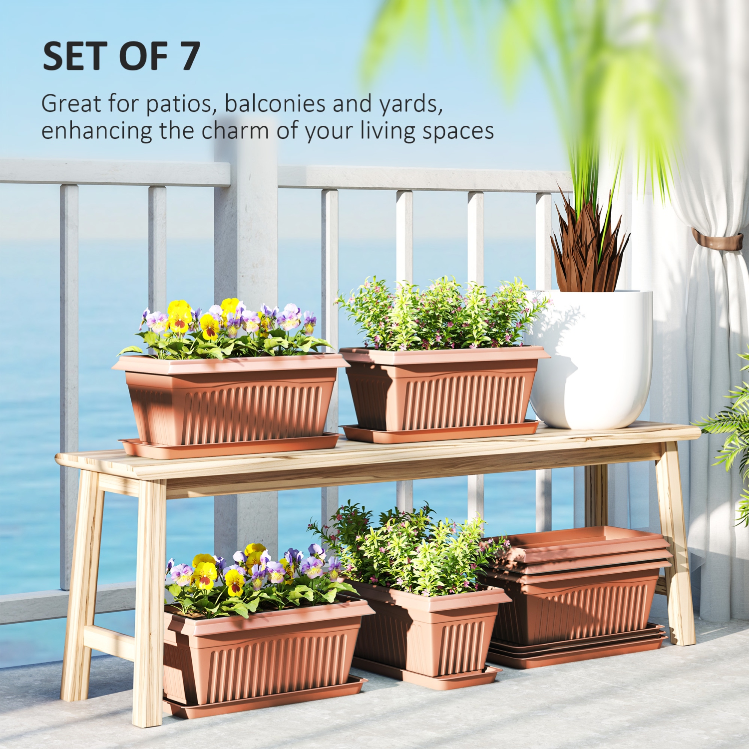Outsunny 7 Pack 15.7 Inch Plant Pots with Drainage Holes and Trays, Rectangular Plastic Flower Planters for Indoor Outdoor Plants, Herbs, Succulent,