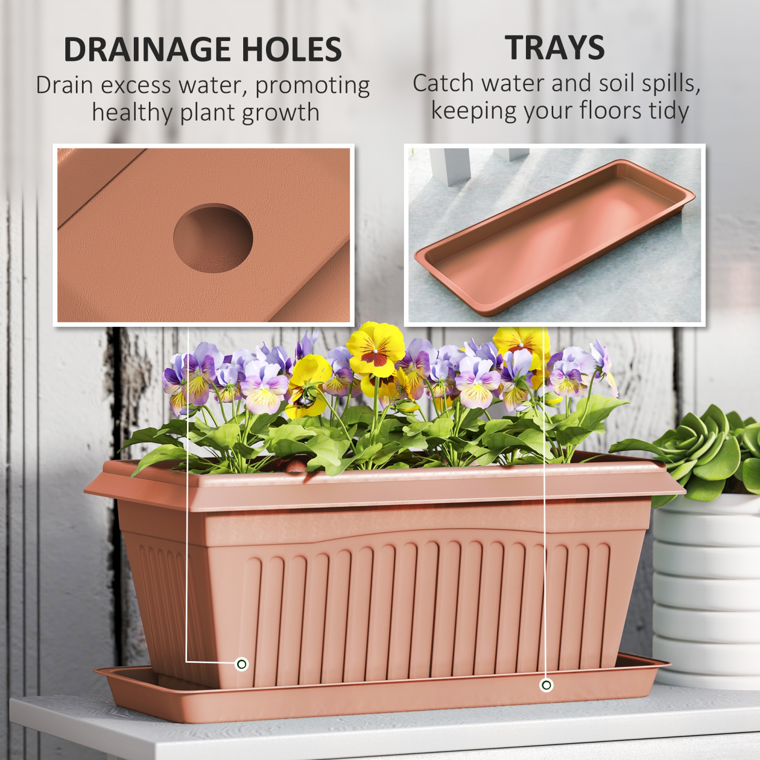 Outsunny 7 Pack 15.7 Inch Plant Pots with Drainage Holes and Trays, Rectangular Plastic Flower Planters for Indoor Outdoor Plants, Herbs, Succulent,