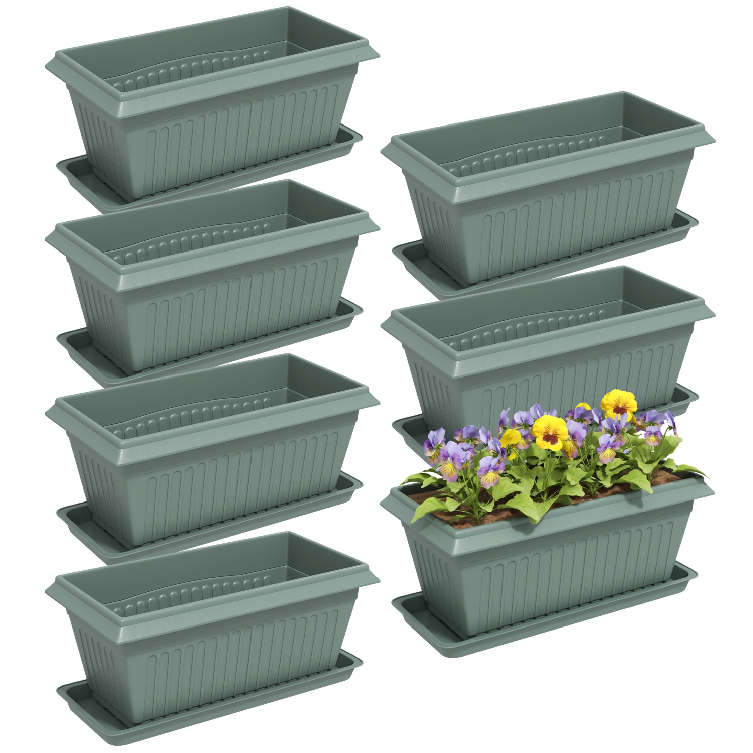 Outsunny 7 Pack 15.7 Inch Plant Pots with Drainage Holes and Trays, Rectangular Plastic Flower Planters for Indoor Outdoor Plants, Herbs, Succulent, Green