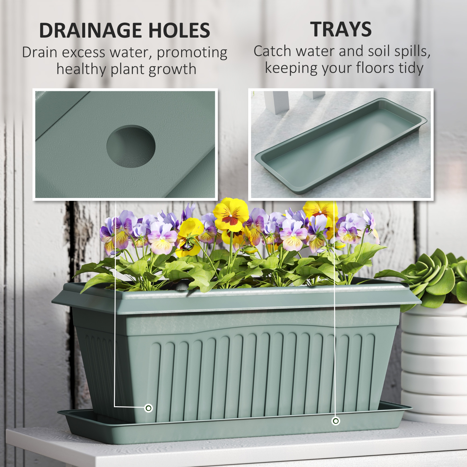 Ensemble de 7 pots de 15,7 po Outsunny avec trous et plateaux de drainage, jardinières rectangulaires en plastique pour plantes d'intérieur et