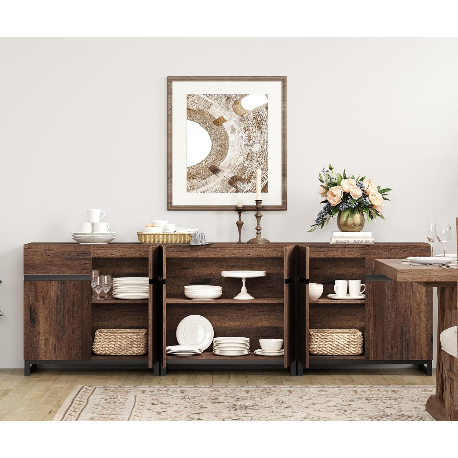 Buffet multifonctionnel 3 en 1 WAMPAT, armoire de rangement moderne avec tablette réglable et base en métal, armoire de rangement de bar à café pour