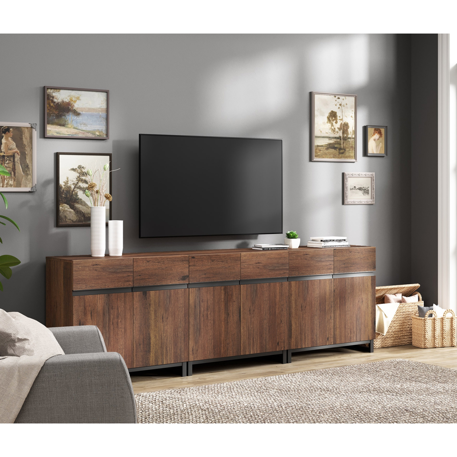 WAMPAT Modern TV Stand for TVs up to 100 inch, 3 in 1 Entertainment Center TV Console with Adjustable Shelves and Metal Base for Living