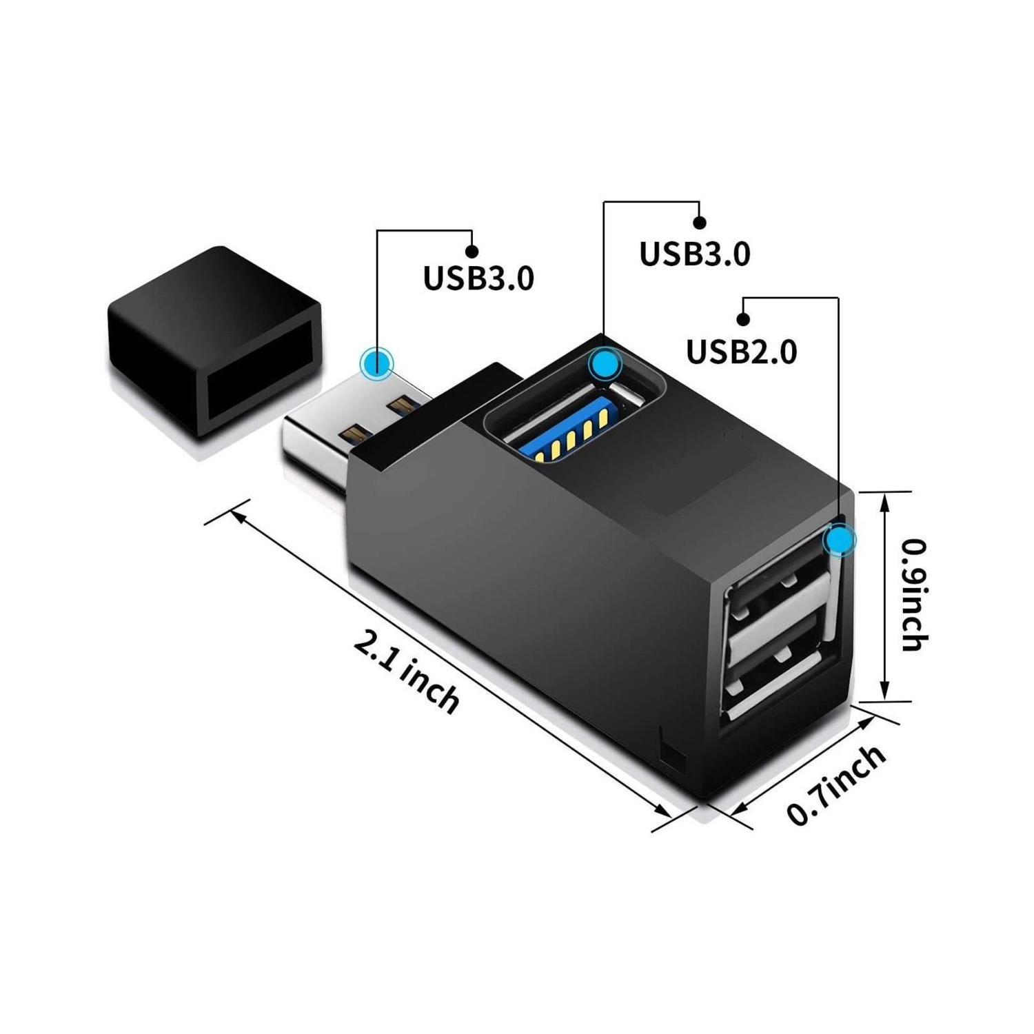 3-Port USB 3.0 Hub with Cable for Connecting Peripherals to Hard-to-Reach Ports