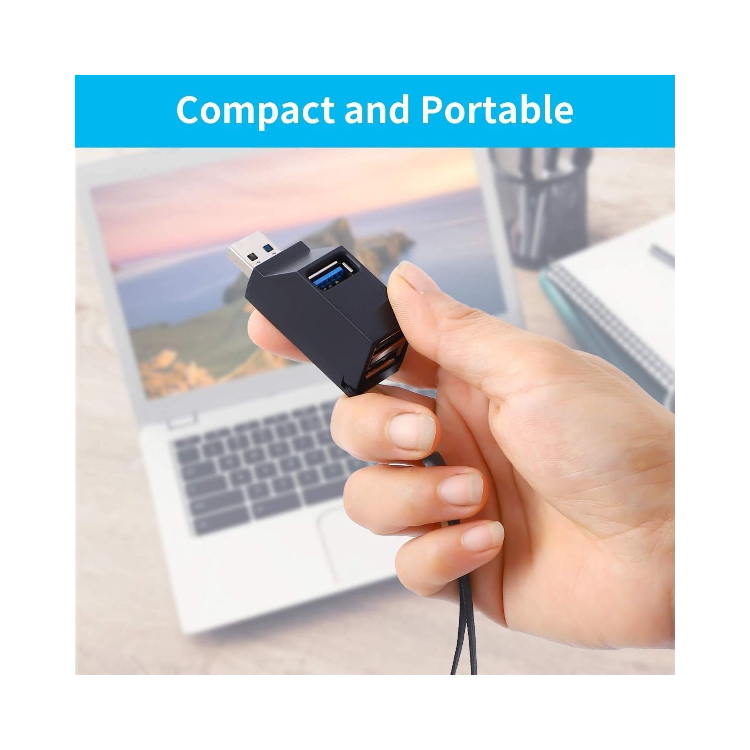 3-Port USB 3.0 Hub with Cable for Connecting Peripherals to Hard-to-Reach Ports