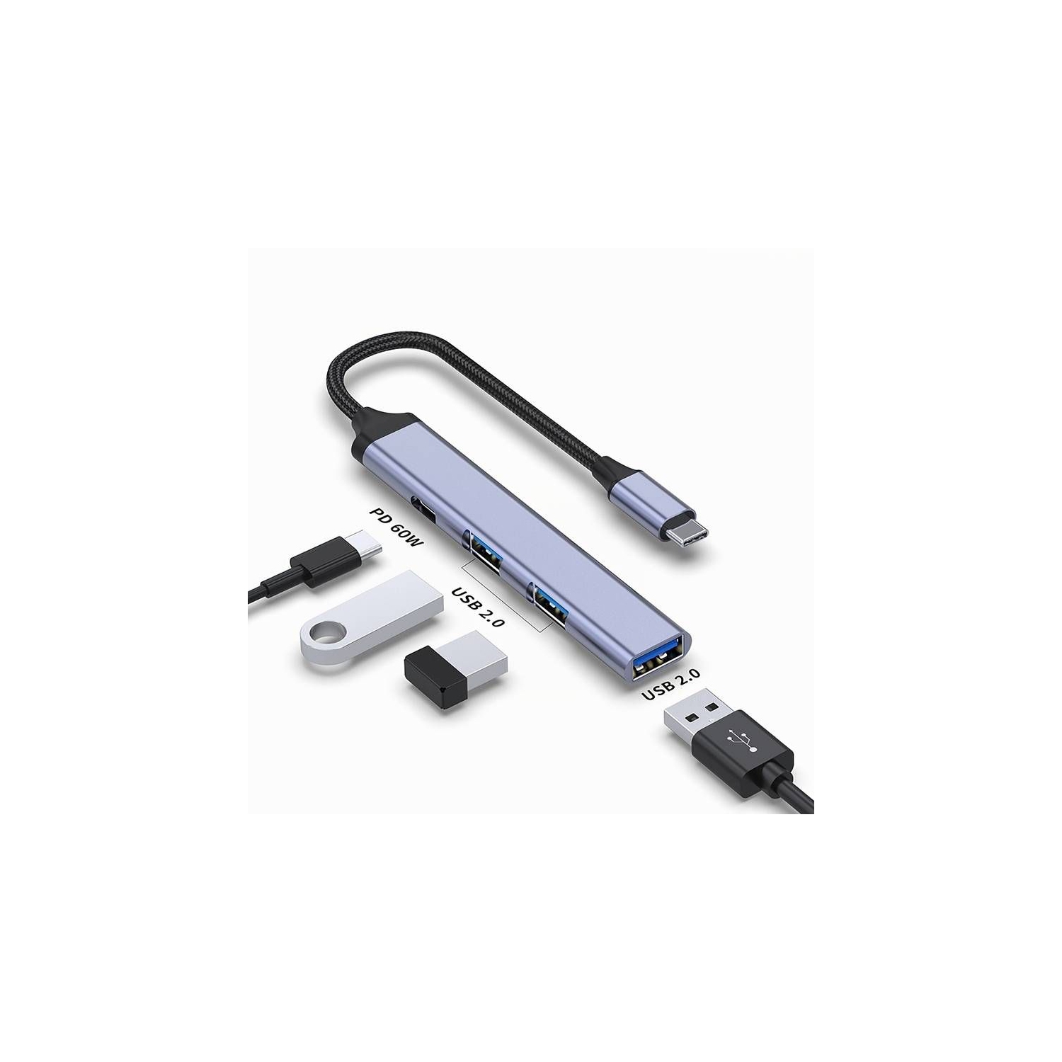 Concentrateur USB-C 4-en-1 avec plusieurs ports pour étendre la connectivité des portables et des téléphones intelligents