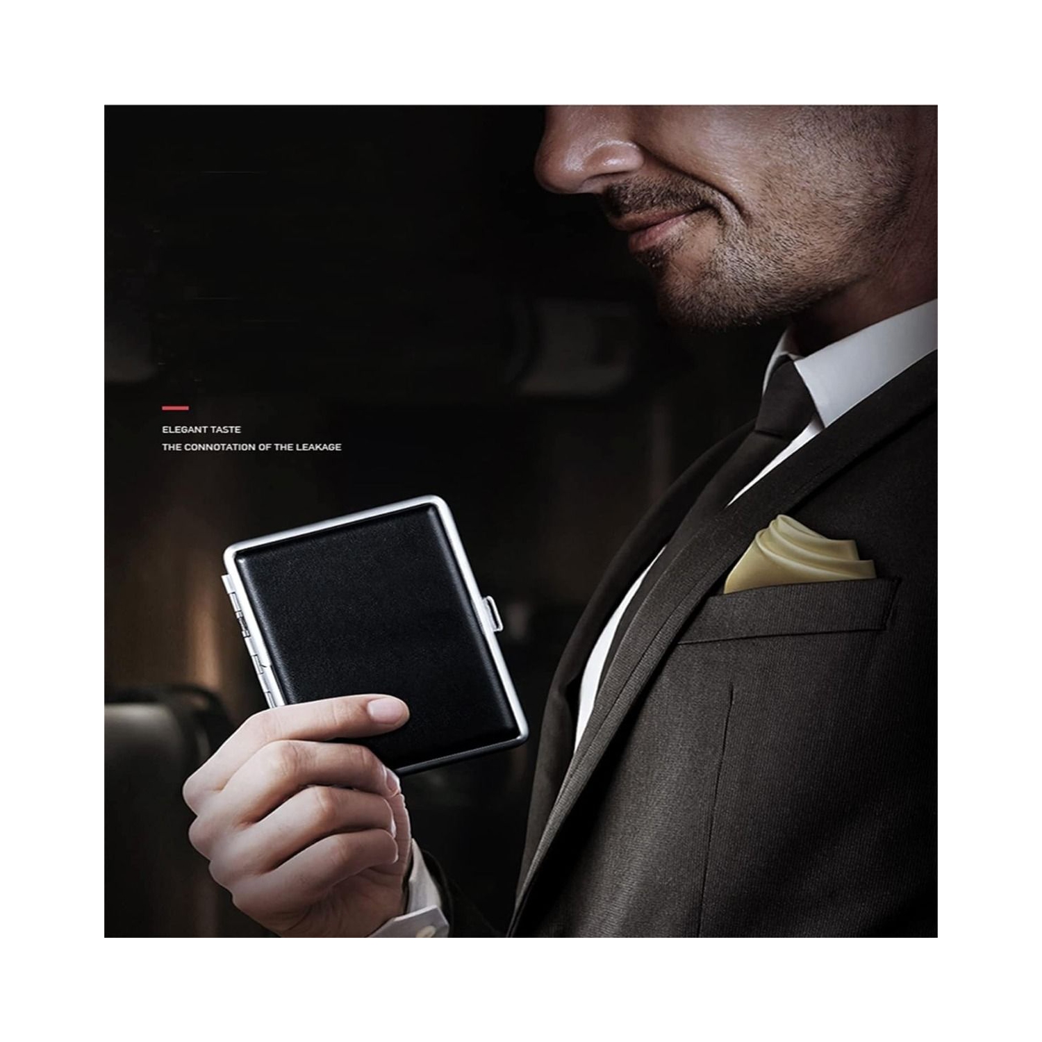 Portable Slim Leather Cigarette Case Regular Size Cigarette Pocket Holder One-Hand Operate Leather Cigarette Case Box for Men and Women, Black