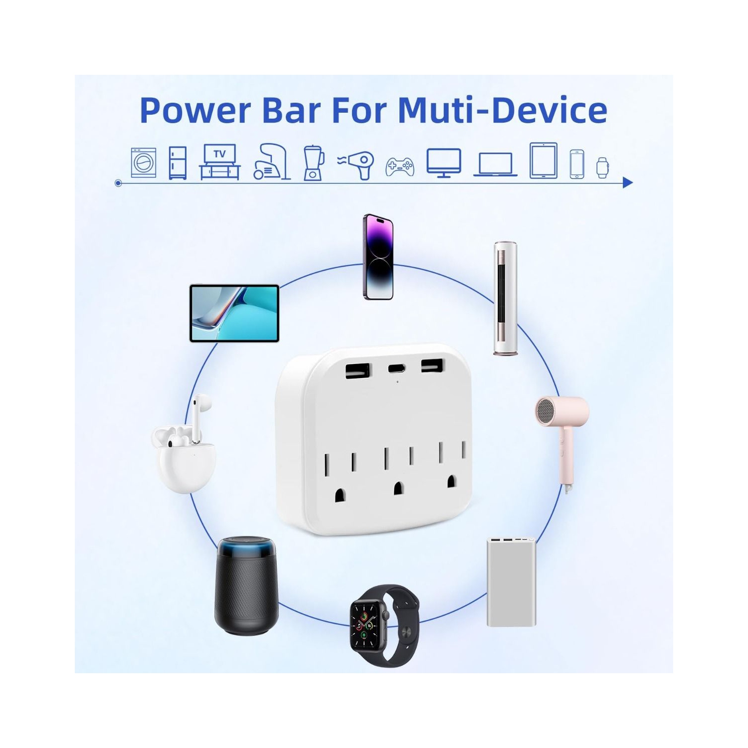 Barre d'alimentation compacte de voyage avec 2 ports USB pour charger des appareils électroniques sur les bateaux de croisière
