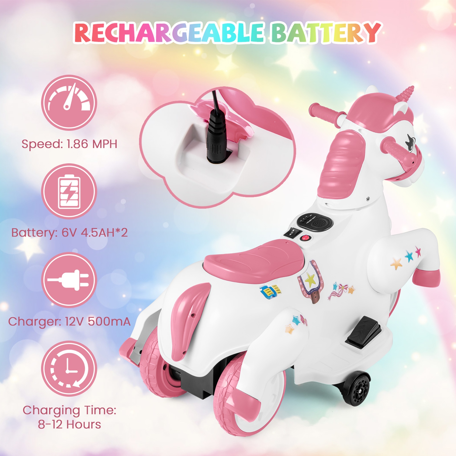Gymax 12V Kids Ride on Unicorn Toy w/ Training Wheels Music One-button Start Horse Toy
