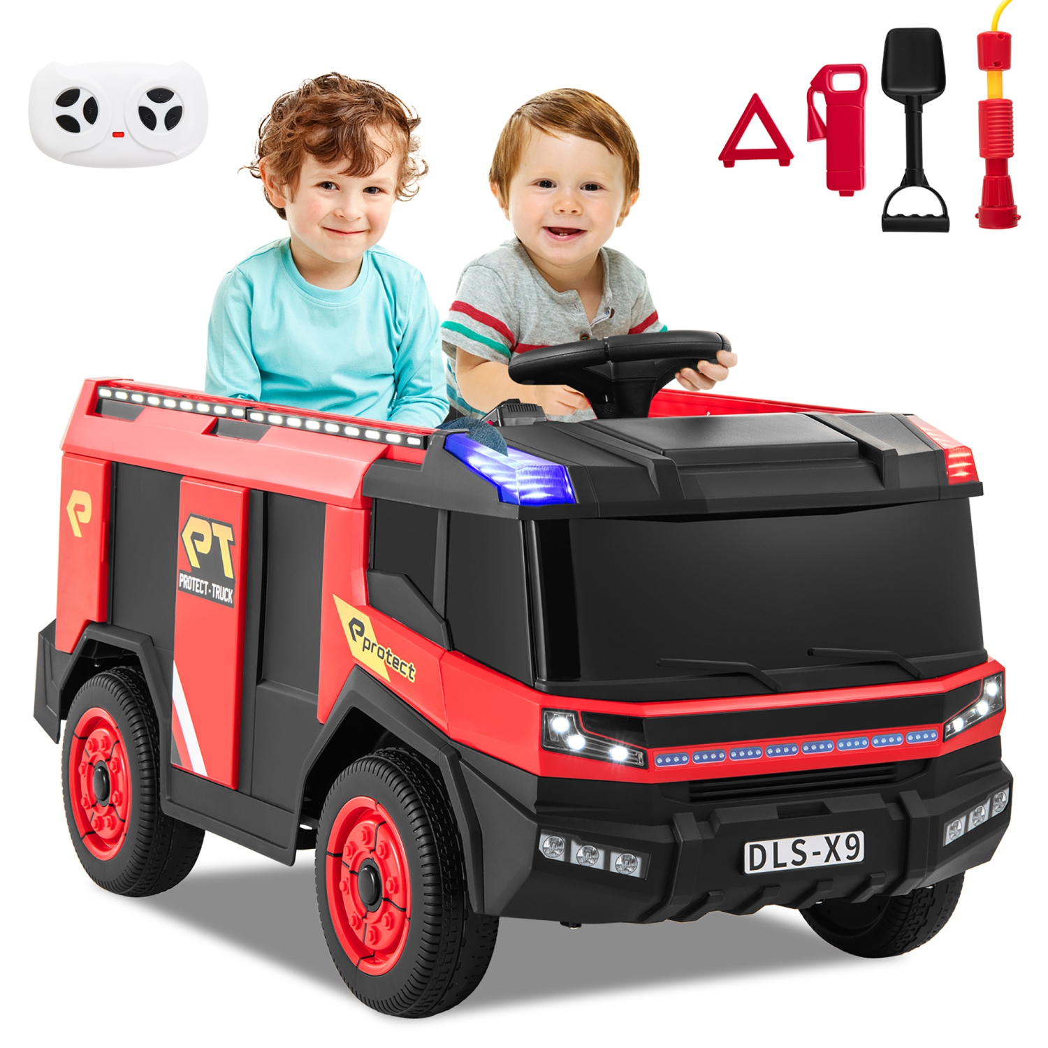 Gymax 2-Seater Kids Ride on Fire Truck w/Remote Control Water Gun Extinguisher Shovel