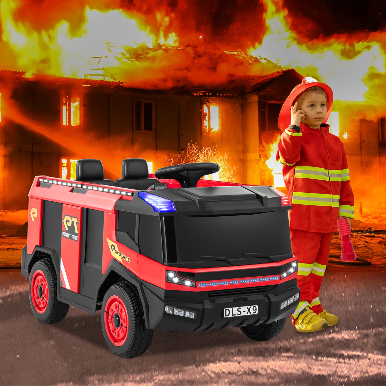 Gymax 2-Seater Kids Ride on Fire Truck w/Remote Control Water Gun Extinguisher Shovel