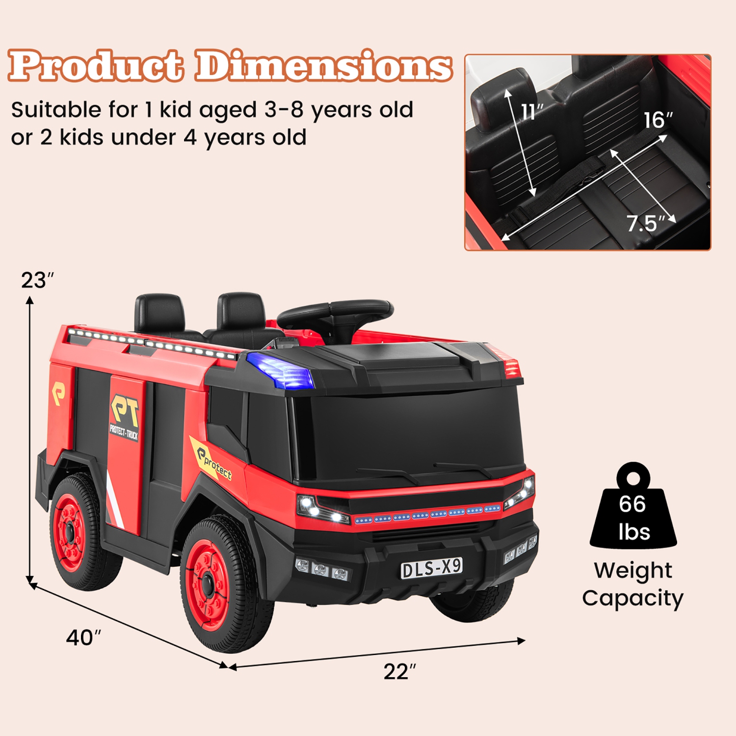 Gymax 2-Seater Kids Ride on Fire Truck w/Remote Control Water Gun Extinguisher Shovel