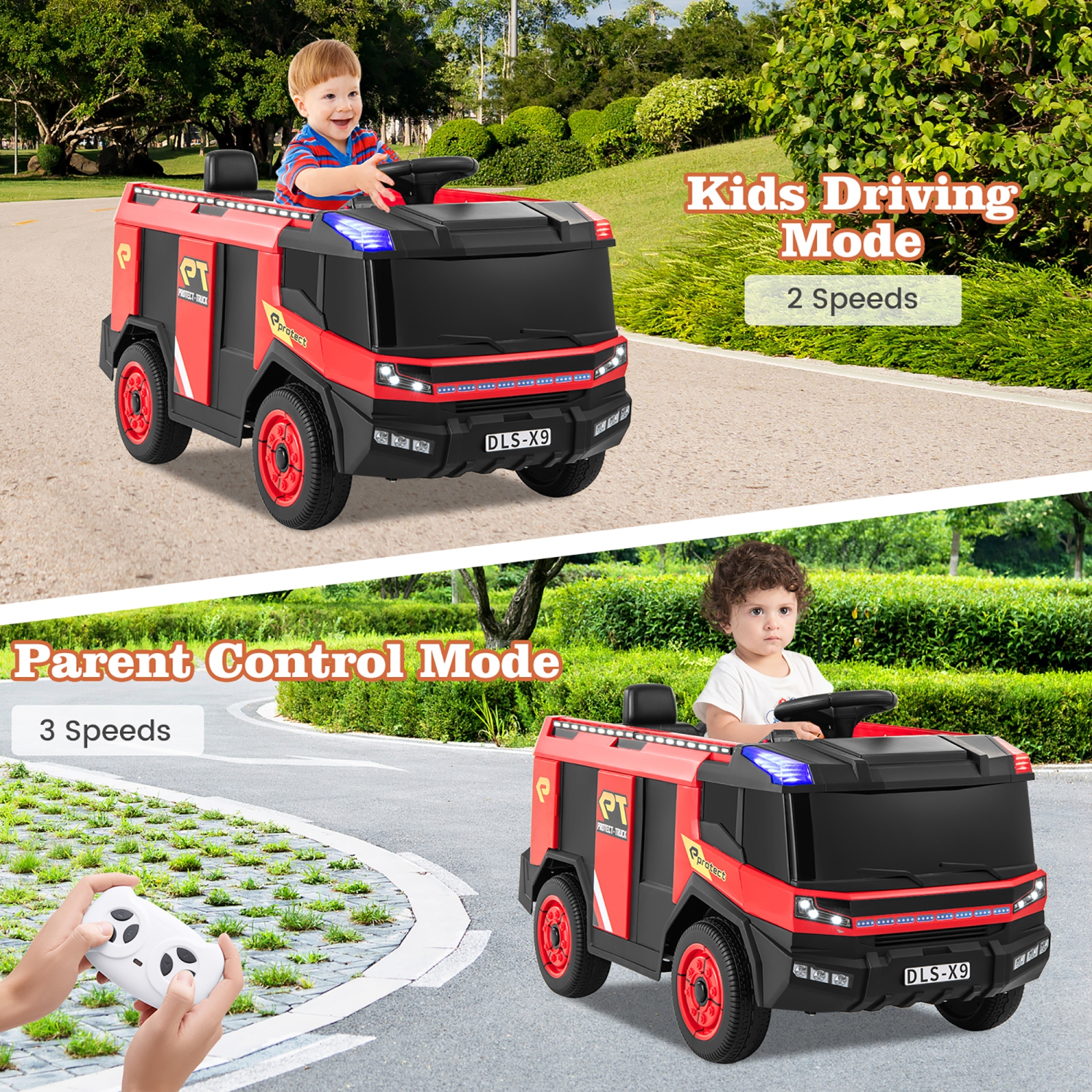 Gymax 2-Seater Kids Ride on Fire Truck w/Remote Control Water Gun Extinguisher Shovel