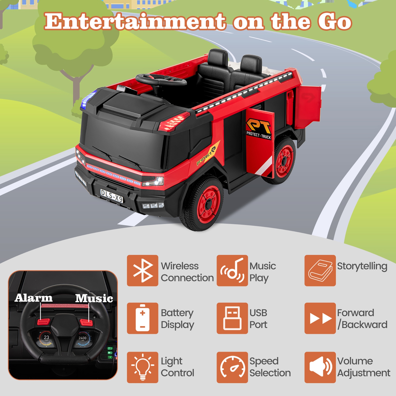 Gymax 2-Seater Kids Ride on Fire Truck w/Remote Control Water Gun Extinguisher Shovel