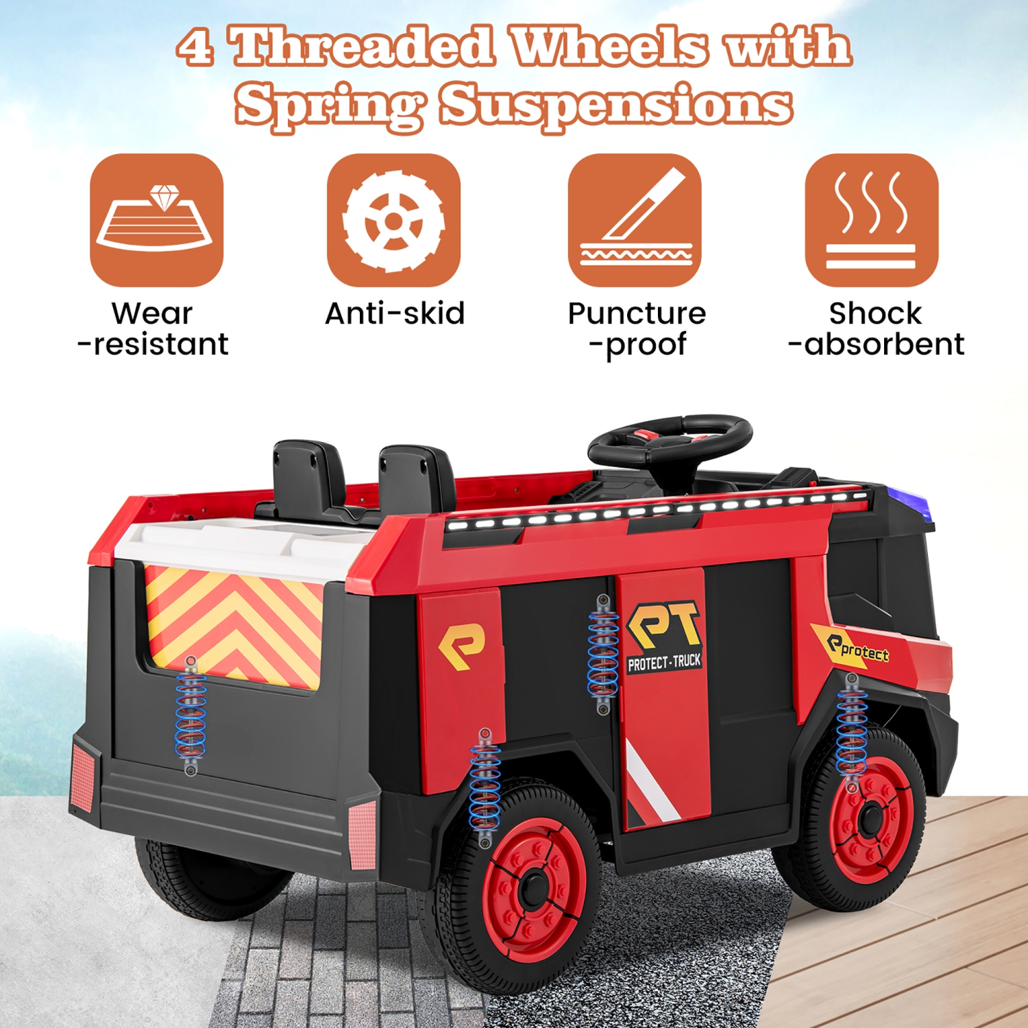 Gymax 2-Seater Kids Ride on Fire Truck w/Remote Control Water Gun Extinguisher Shovel