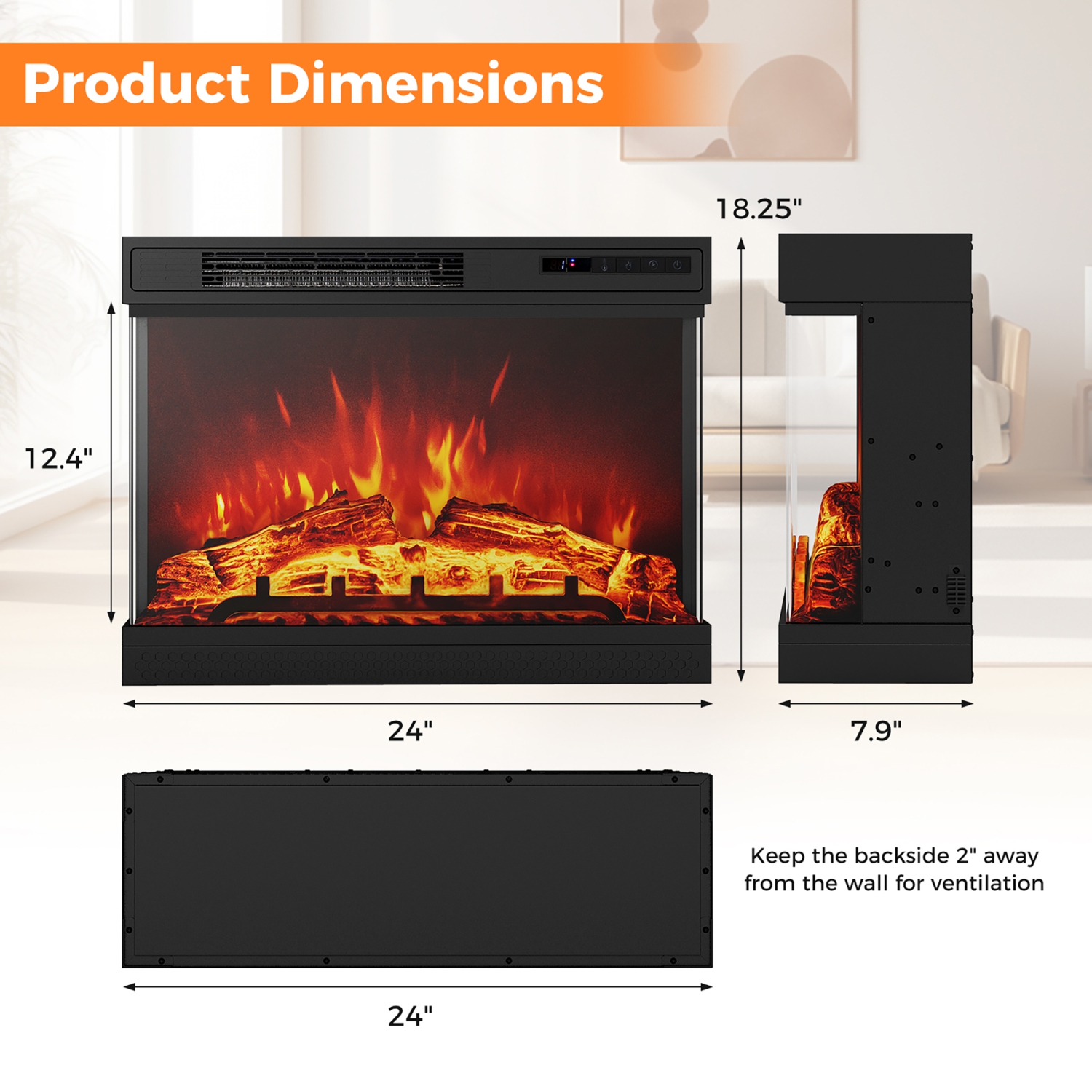 Gymax 24'' 3-Sided Electric Fireplace Insert w/Remote Control 3 Flame Colors 1-6H Timer