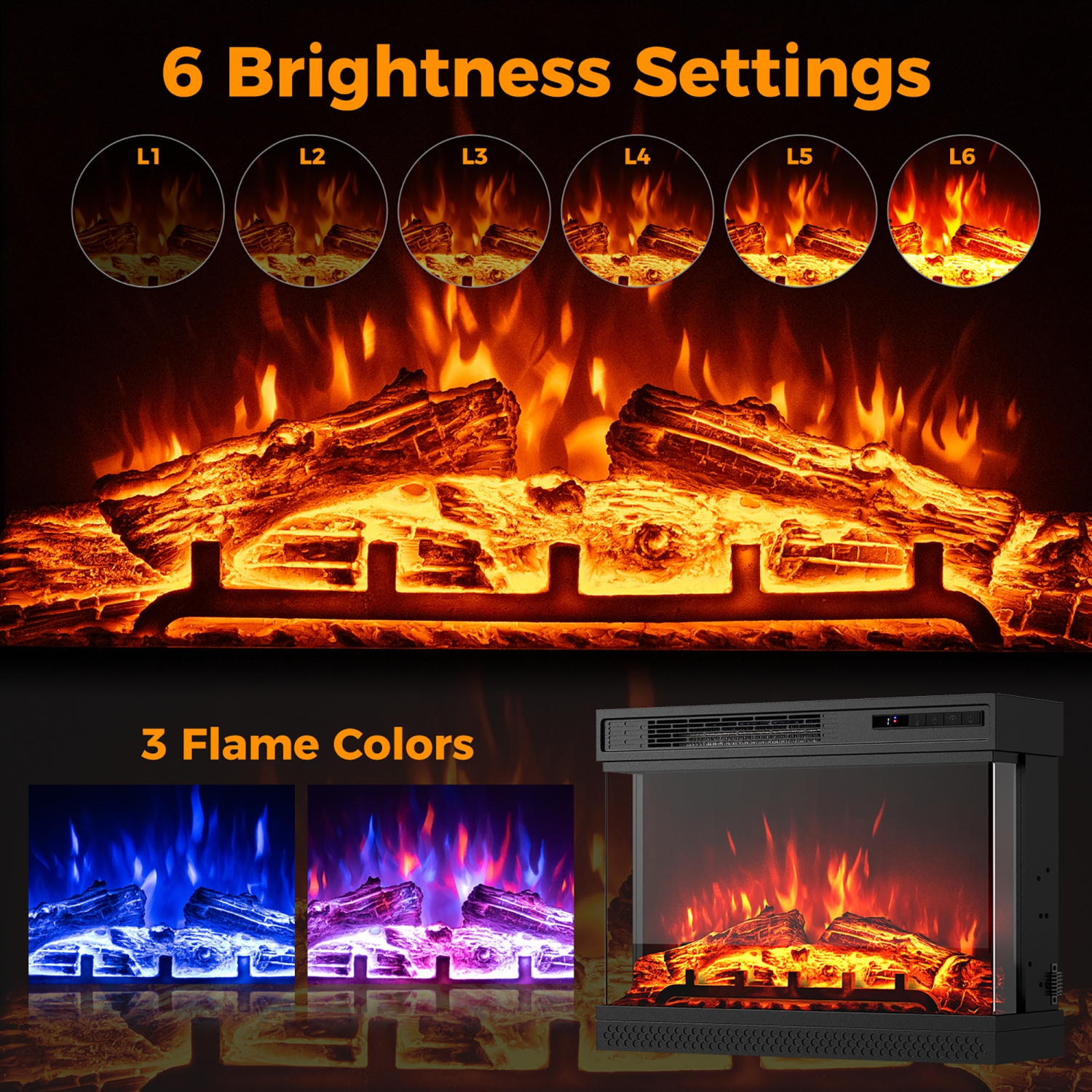 Gymax 24'' 3-Sided Electric Fireplace Insert w/Remote Control 3 Flame Colors 1-6H Timer