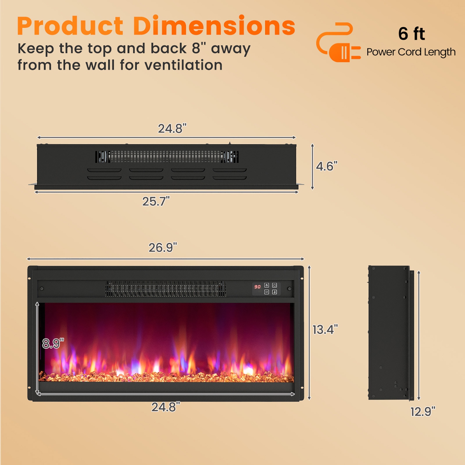 Gymax 26'' Electric Fireplace Insert Recessed 1500W Fireplace Heater w/ Remote Control