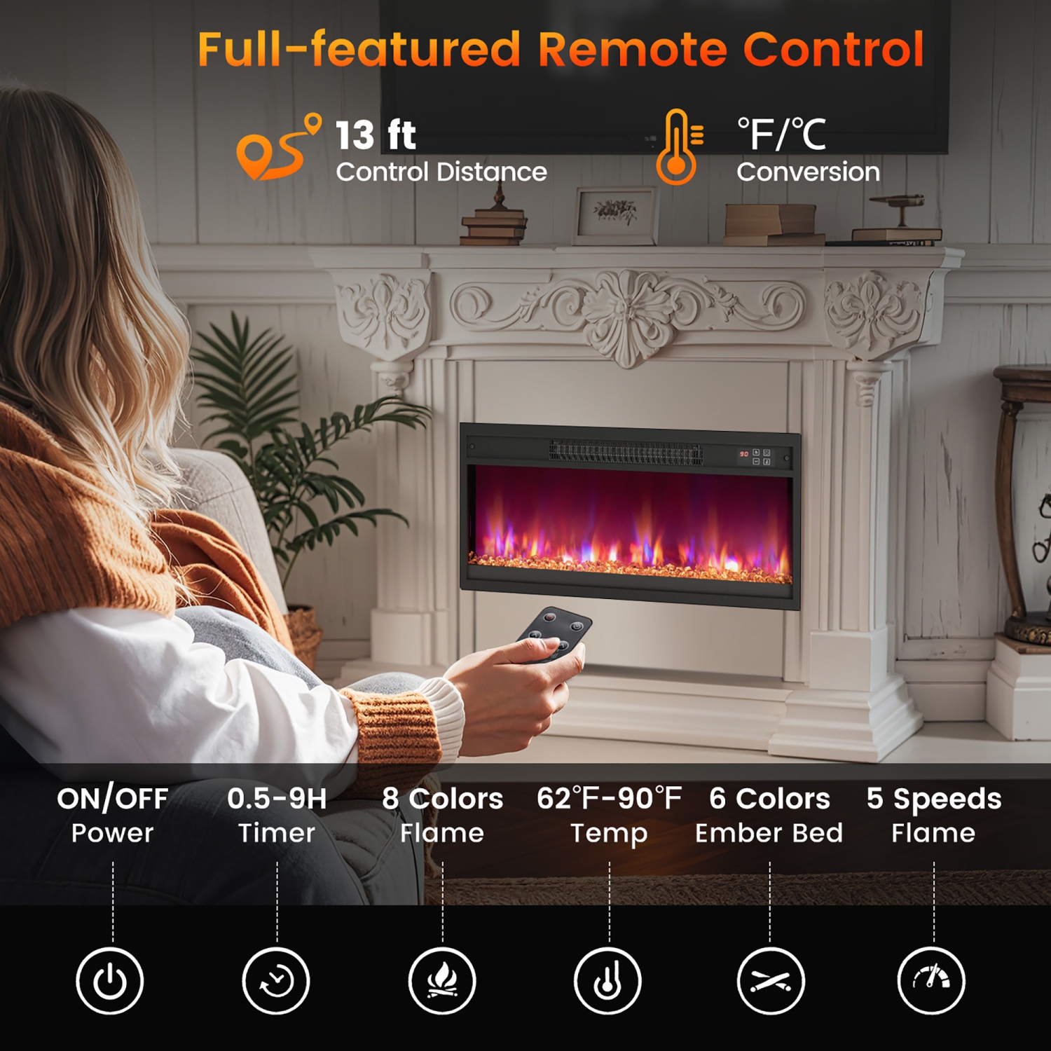 Gymax 26'' Electric Fireplace Insert Recessed 1500W Fireplace Heater w/ Remote Control