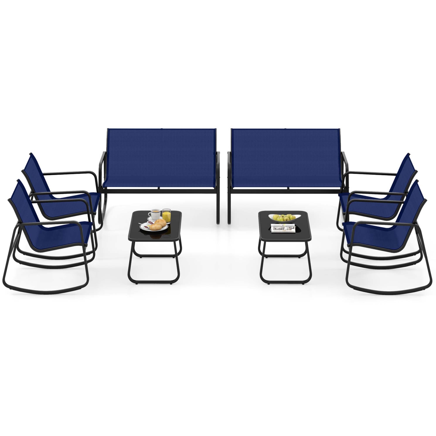 Costway 8 PCS Patio Rocking Set 4 Rocking Chairs & Loveseat with Glass-Top Table Outdoor