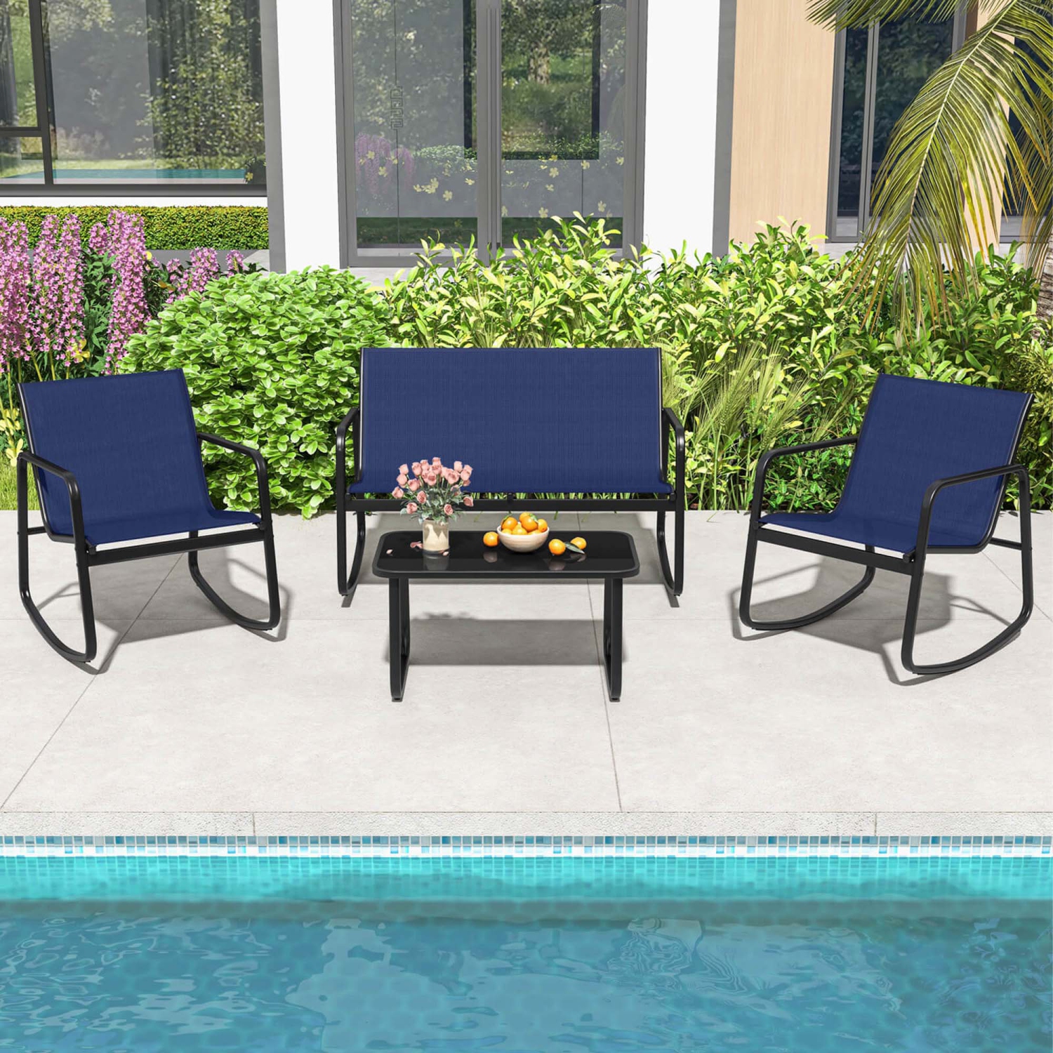 Costway 8 PCS Patio Rocking Set 4 Rocking Chairs & Loveseat with Glass-Top Table Outdoor