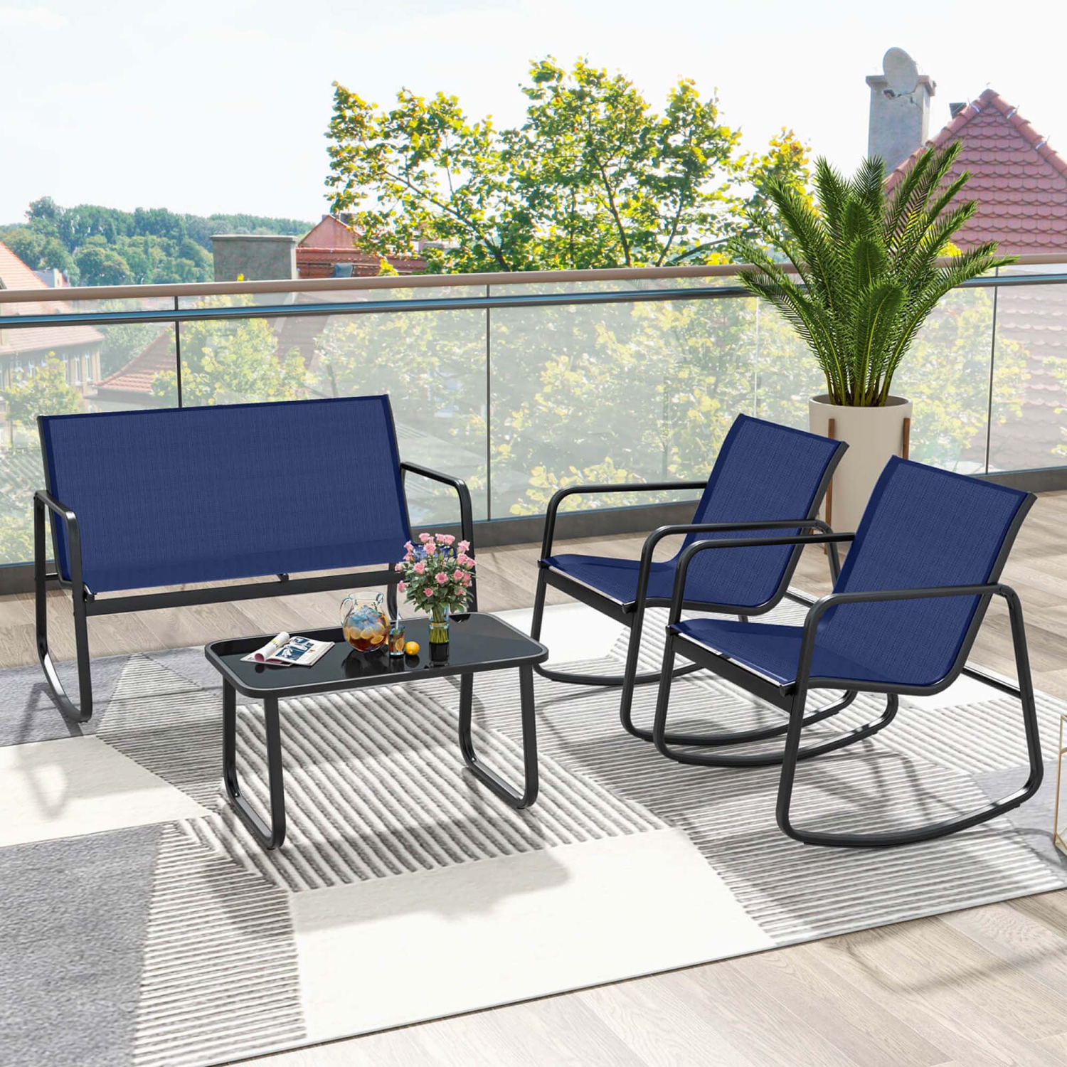 Costway 8 PCS Patio Rocking Set 4 Rocking Chairs & Loveseat with Glass-Top Table Outdoor