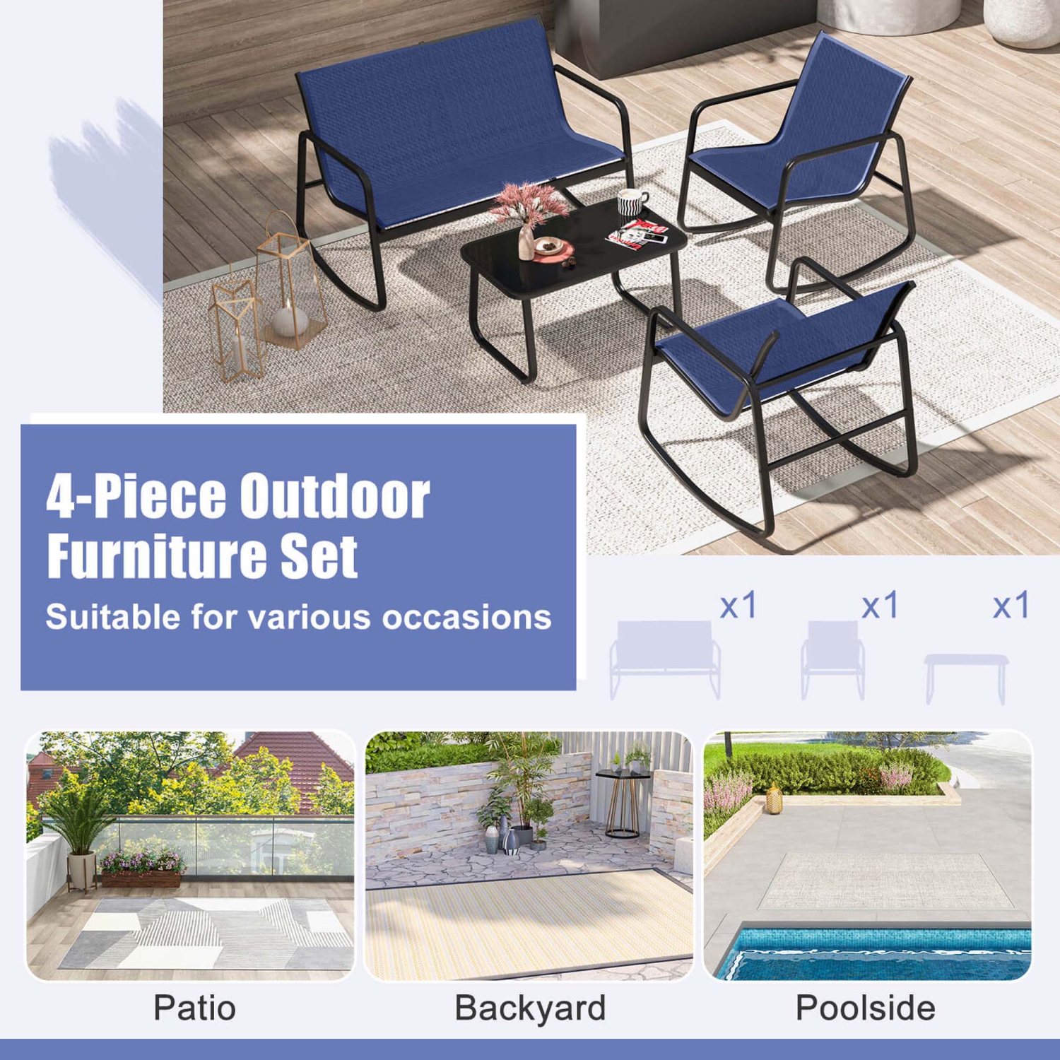 Costway 8 PCS Patio Rocking Set 4 Rocking Chairs & Loveseat with Glass-Top Table Outdoor