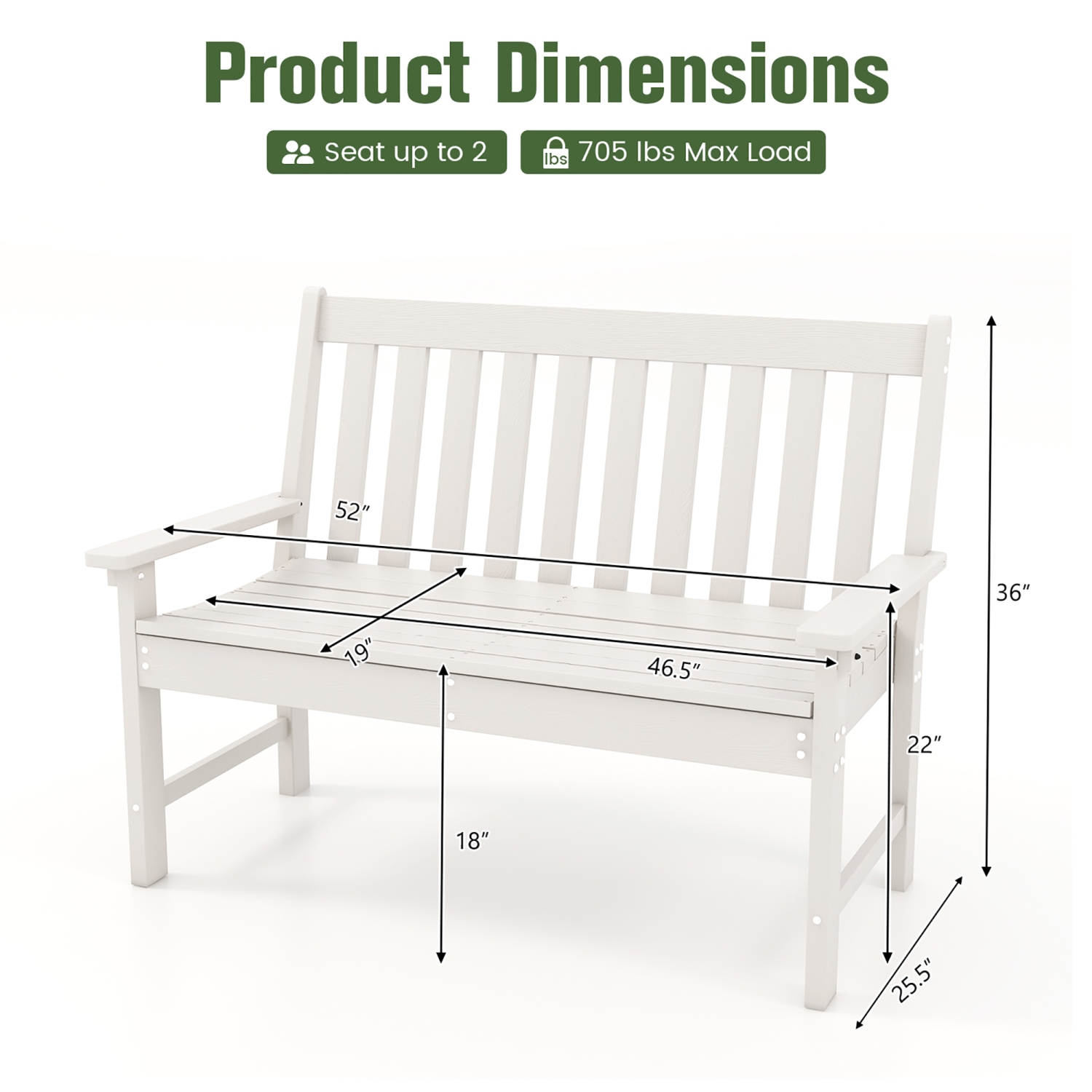 Gymax Garden Bench All-Weather HDPE 2-Person Outdoor Bench for Front Porch Backyard White