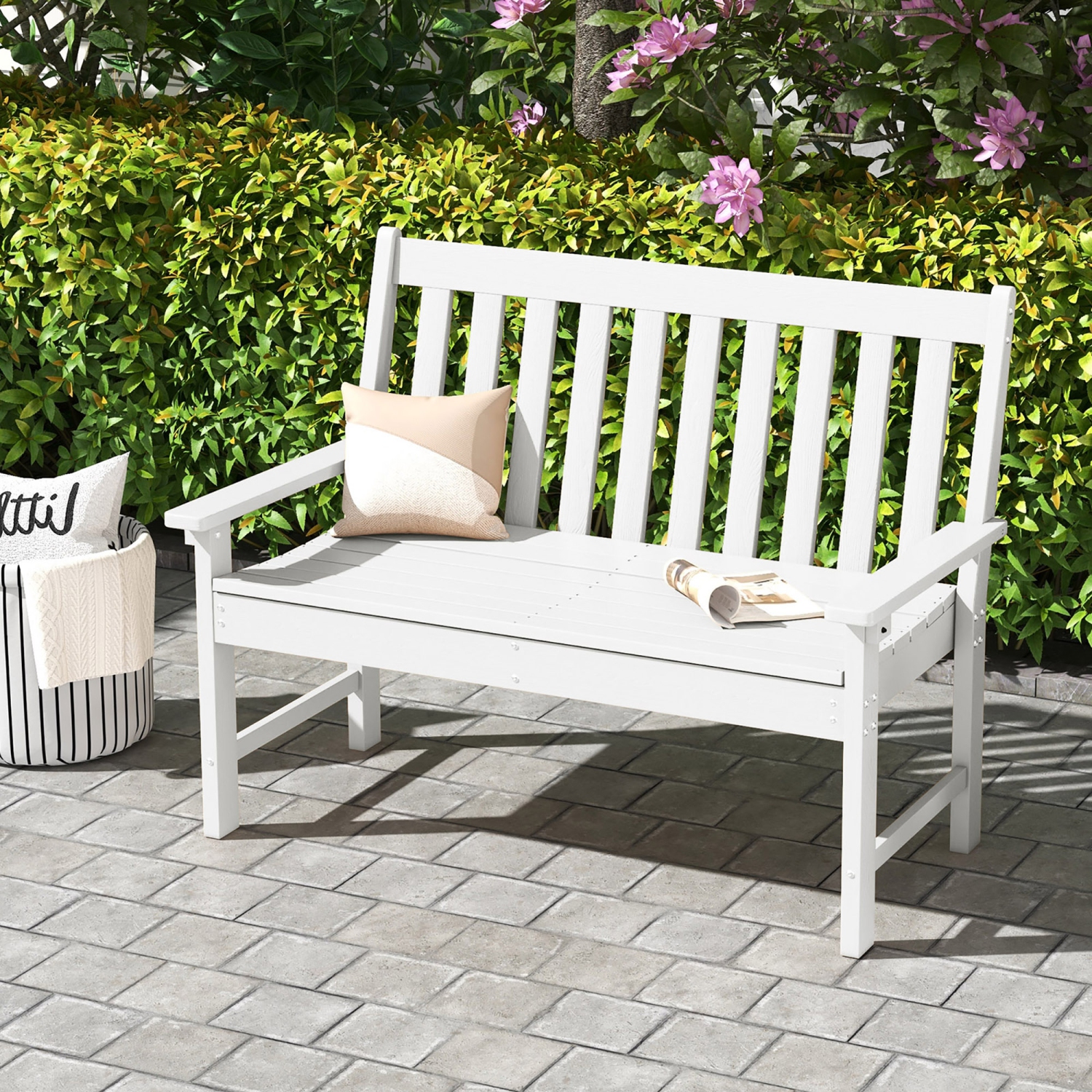 Gymax Garden Bench All-Weather HDPE 2-Person Outdoor Bench for Front Porch Backyard White