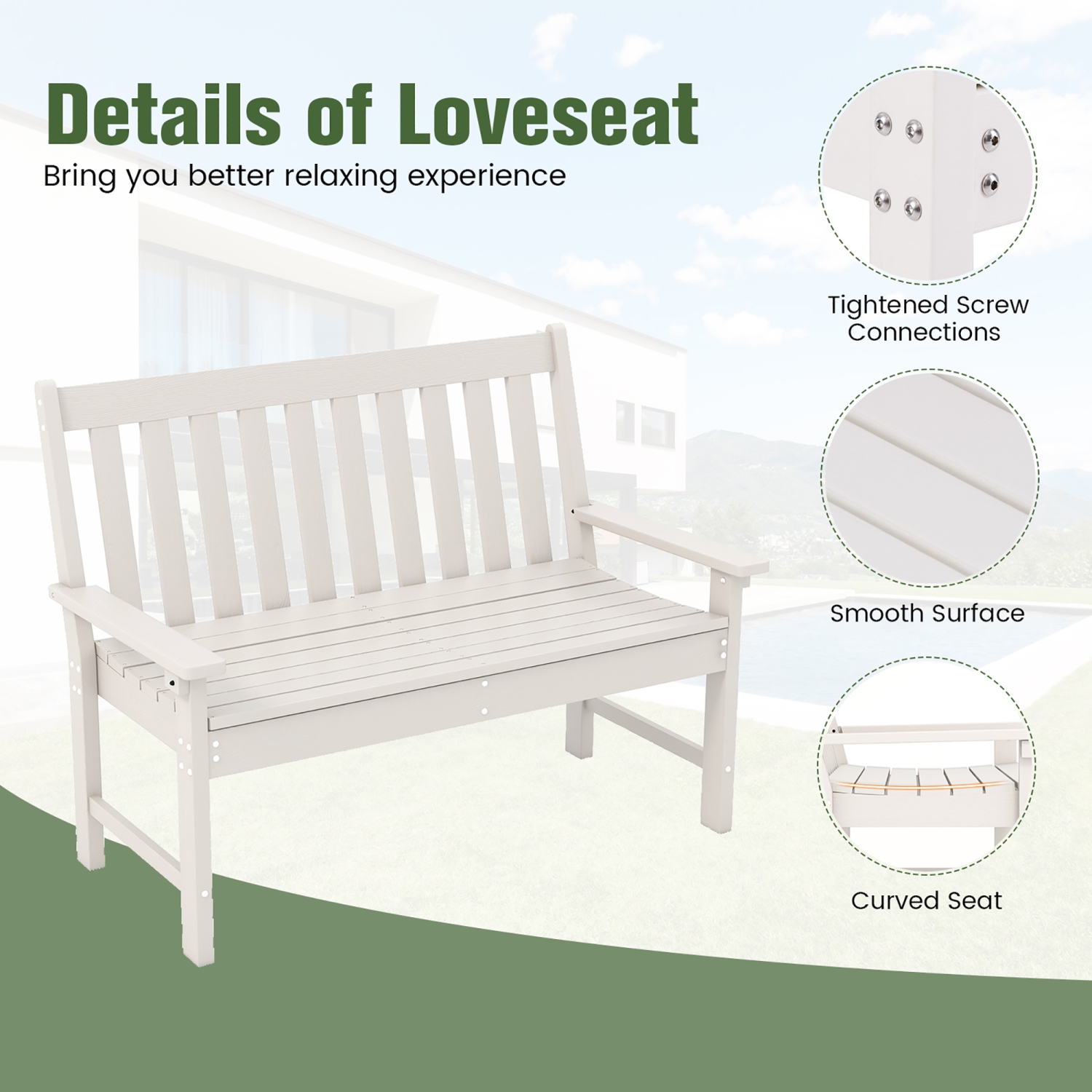 Gymax Garden Bench All-Weather HDPE 2-Person Outdoor Bench for Front Porch Backyard White