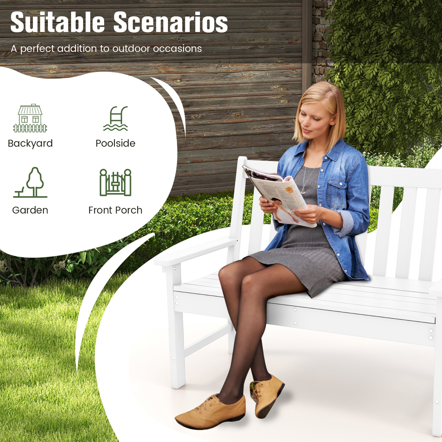 Gymax Garden Bench All-Weather HDPE 2-Person Outdoor Bench for Front Porch Backyard White