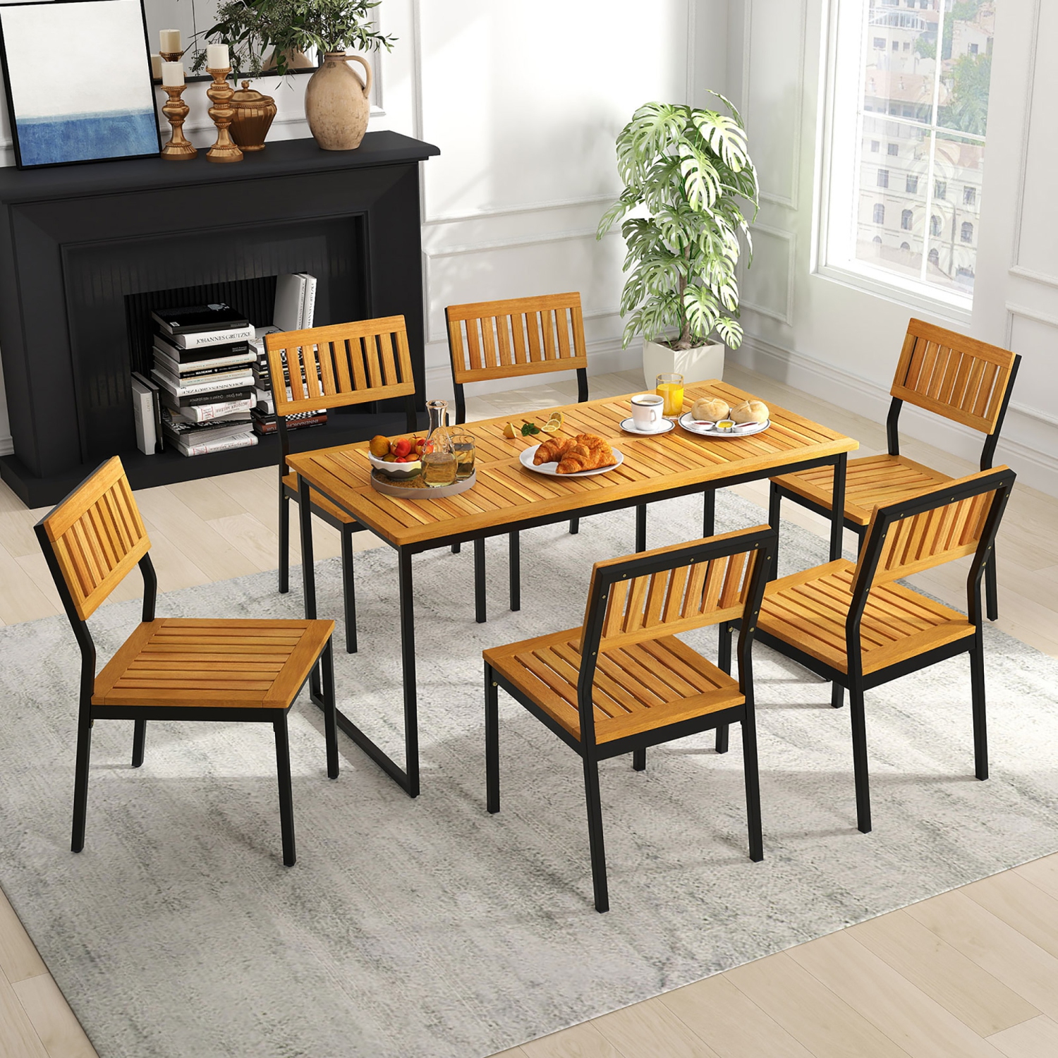 Gymax Dining Chair Set of 4 Modern Patio Chairs/Acacia Wood Backrest Slanted Seat