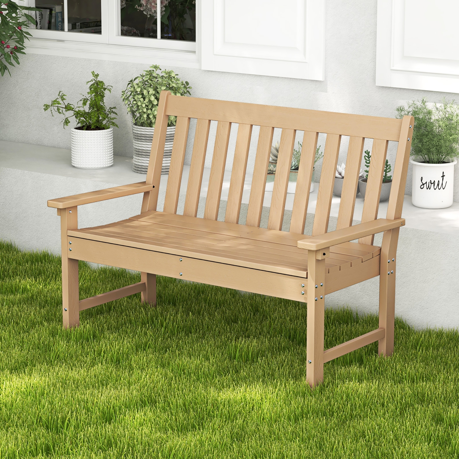 Gymax Garden Bench All-Weather HDPE 2-Person Outdoor Bench for Front Porch Backyard Teak