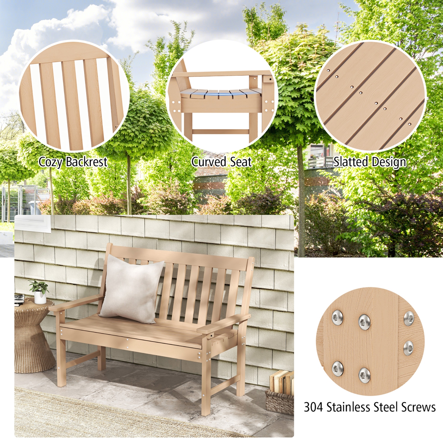 Gymax Garden Bench All-Weather HDPE 2-Person Outdoor Bench for Front Porch Backyard Teak