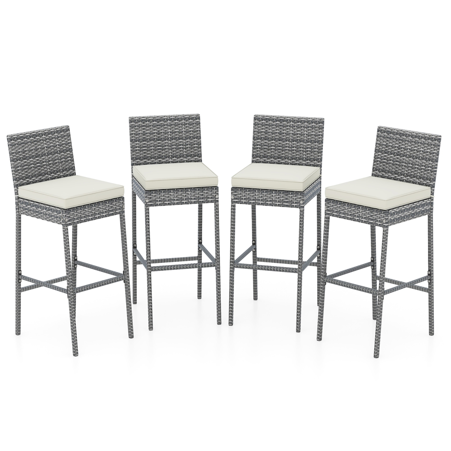 Gymax 4 PCS Patio Wicker Barstools Bar Height Chairs W/ Cushions Backyard Off White