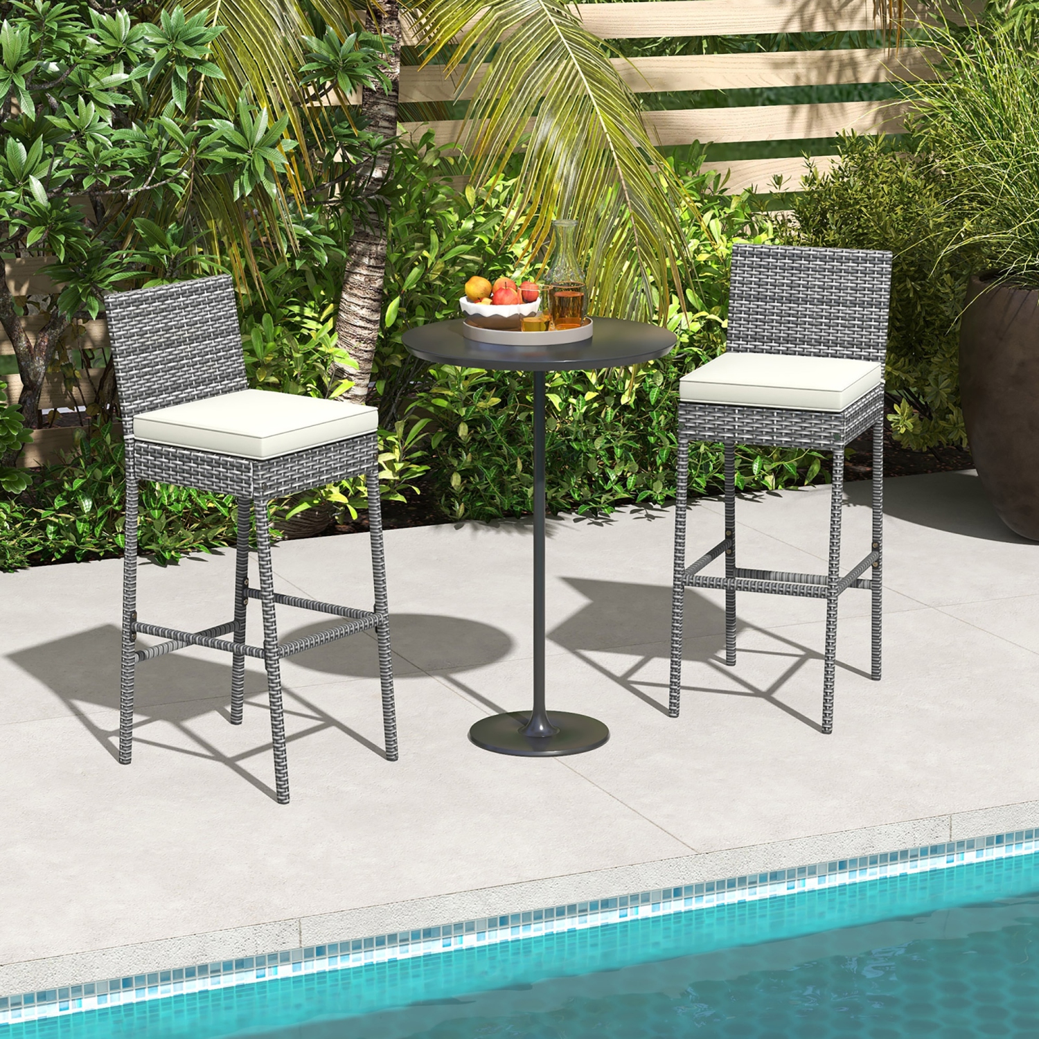 Gymax 4 PCS Patio Wicker Barstools Bar Height Chairs W/ Cushions Backyard Off White
