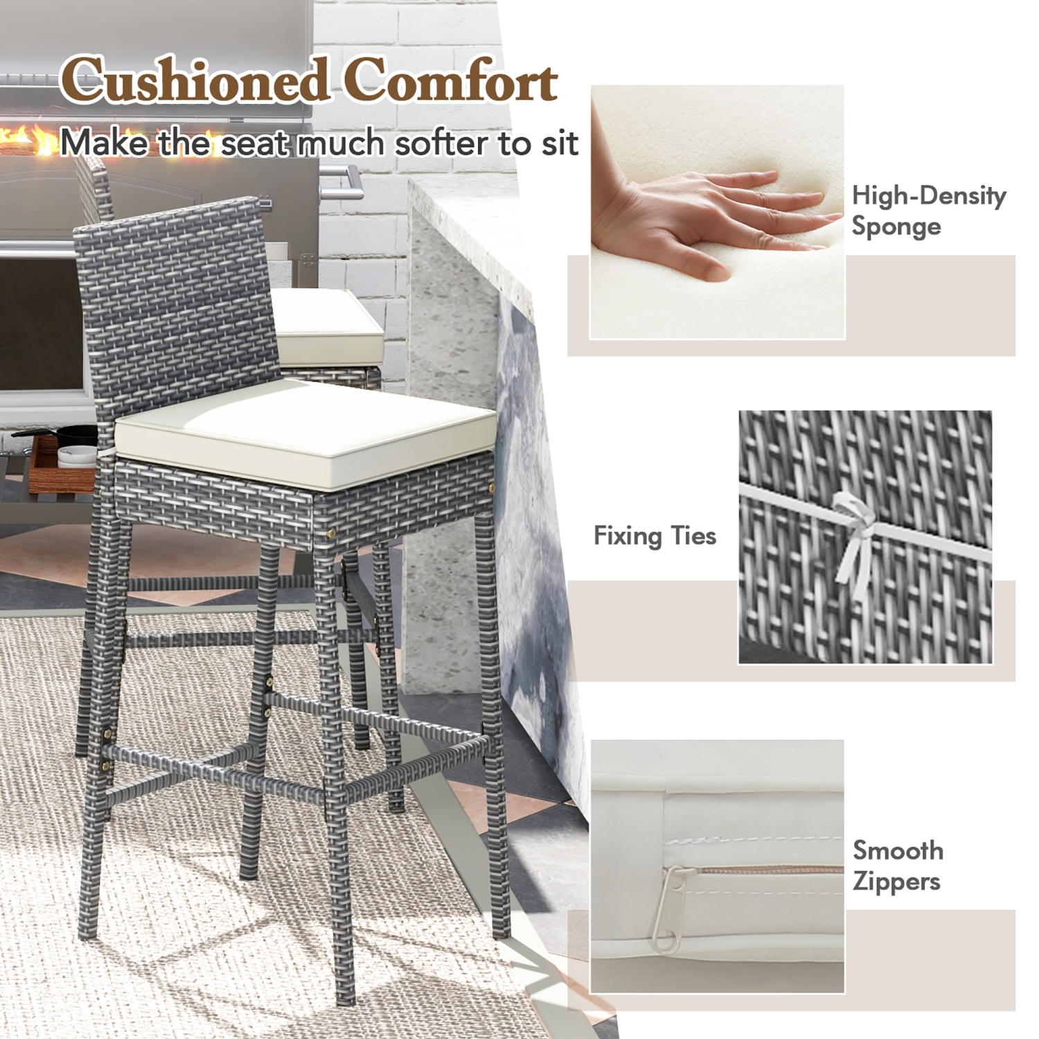 Gymax 4 PCS Patio Wicker Barstools Bar Height Chairs W/ Cushions Backyard Off White