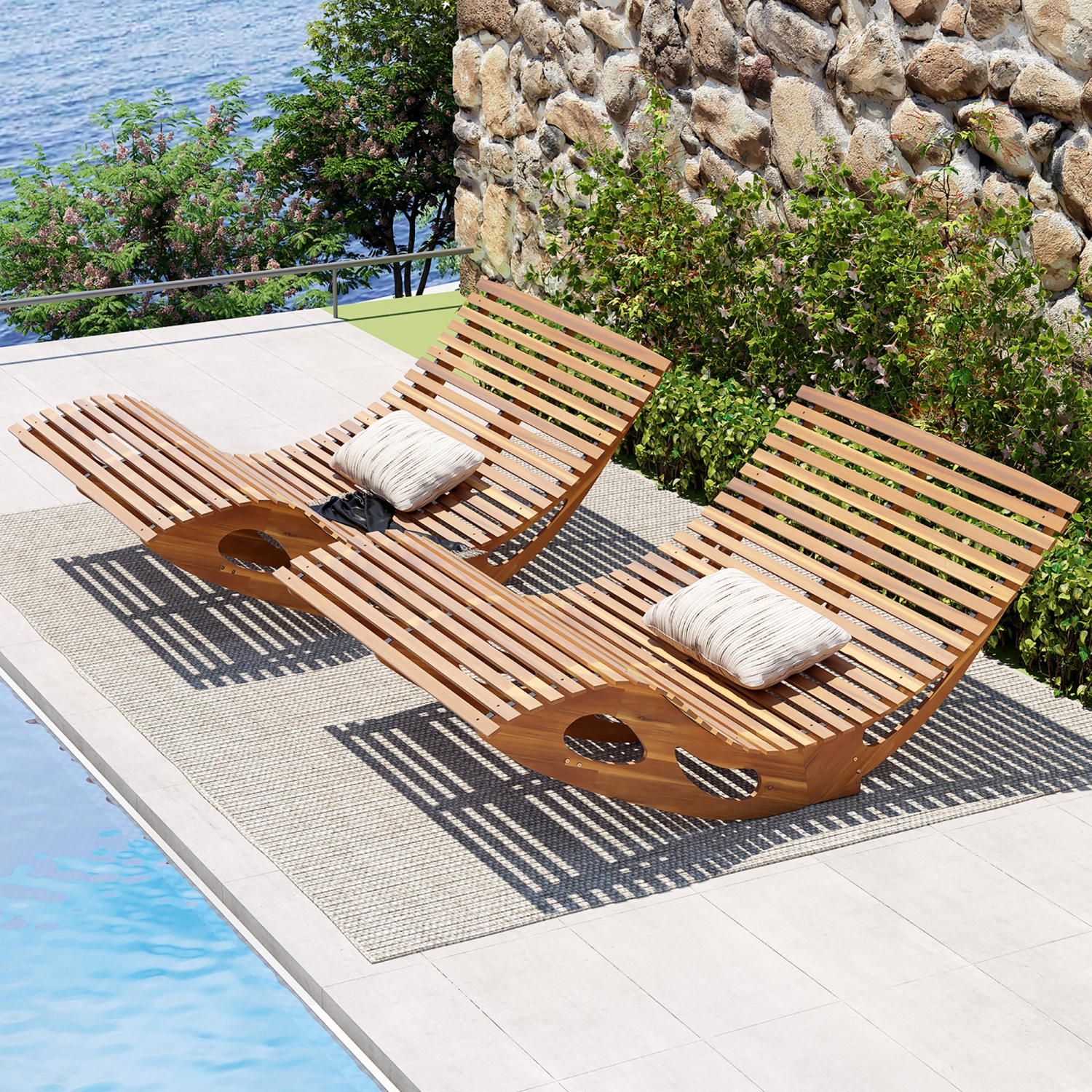 Gymax 2PCS Outdoor Double Chaise Lounge for 2 w/ High Back Slatted Seat Stopper Patio