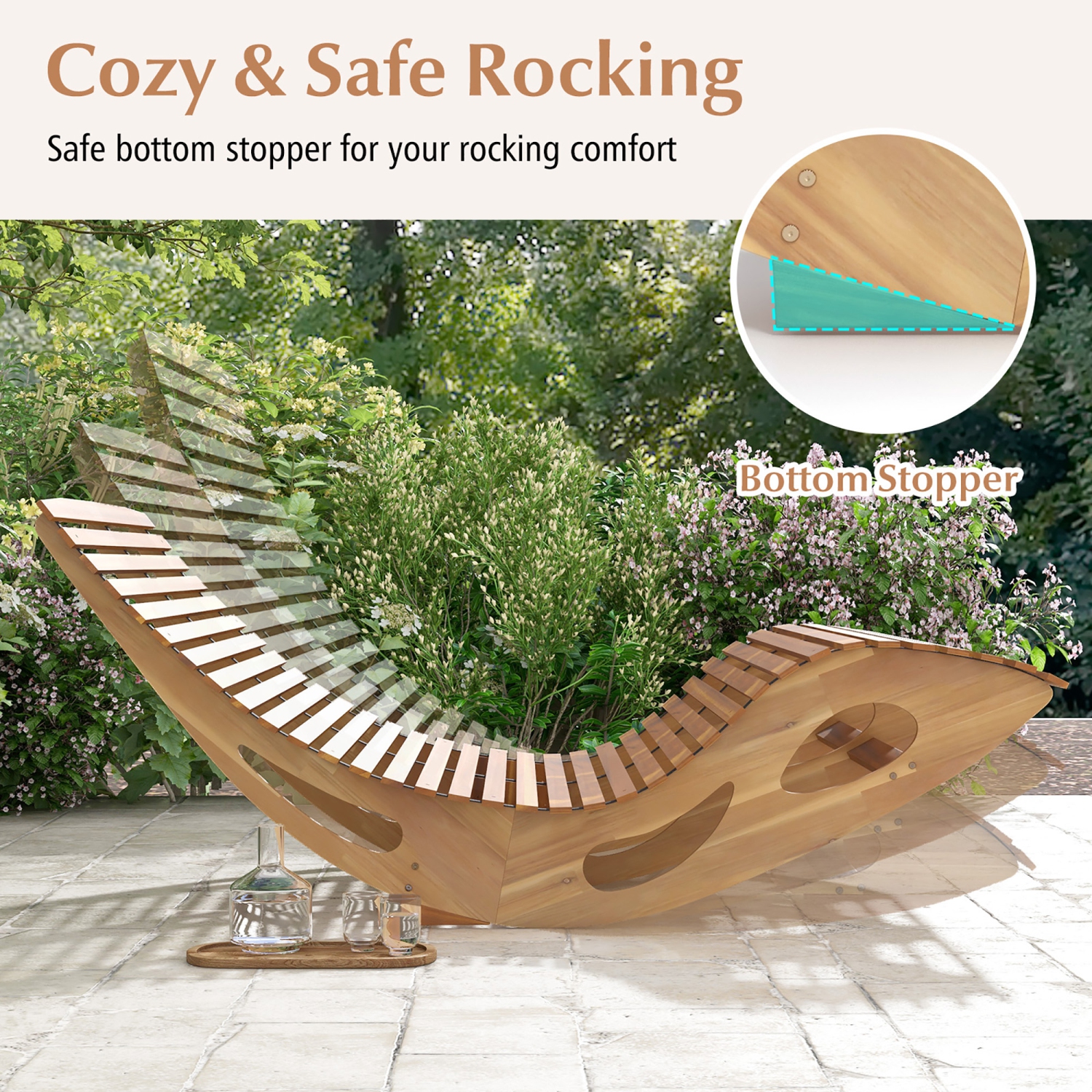 Gymax 2PCS Outdoor Double Chaise Lounge for 2 w/ High Back Slatted Seat Stopper Patio