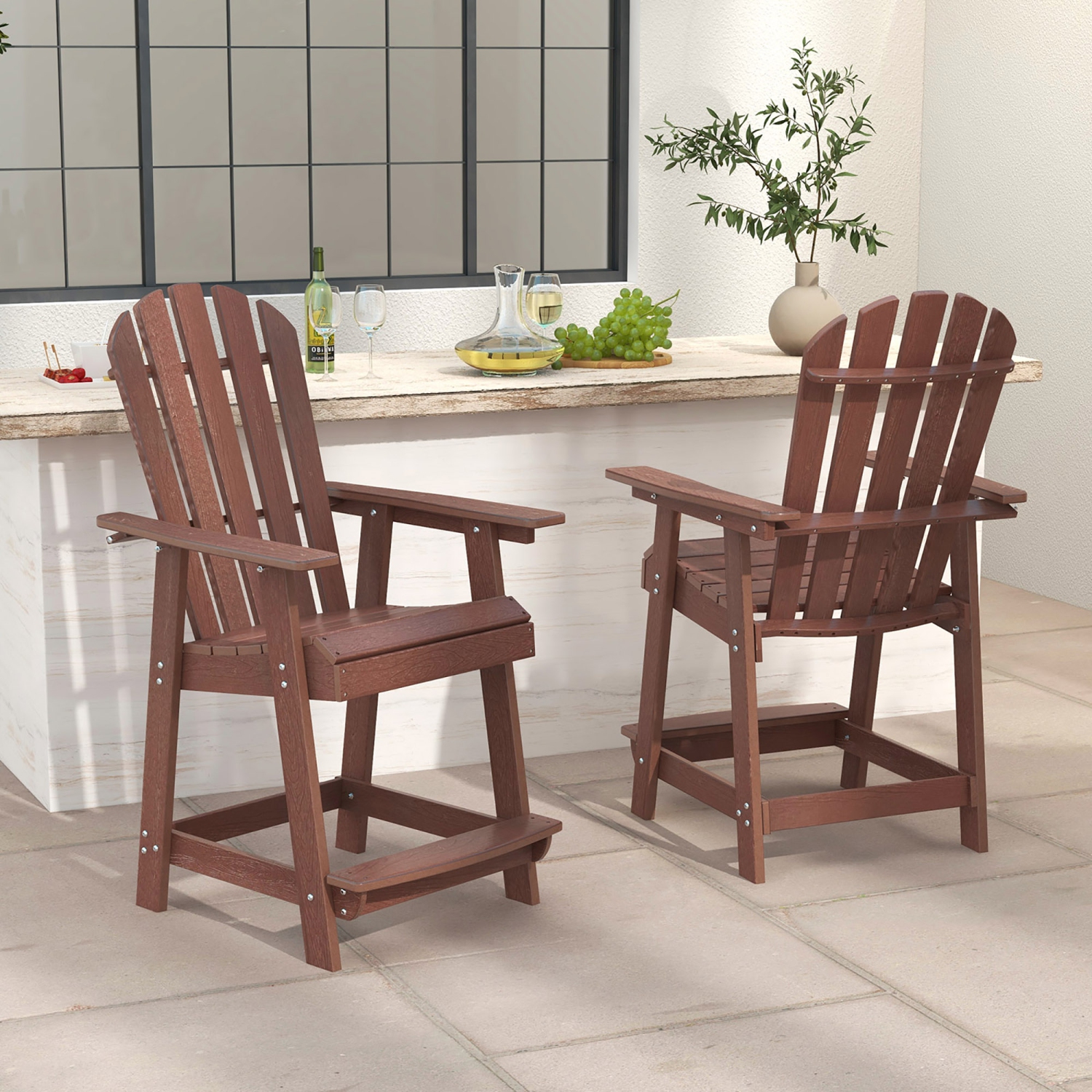 Gymax Tall Bar Stool HDPE Patio Chair w/ Armrest Footrest Home Indoor Outdoor Brown