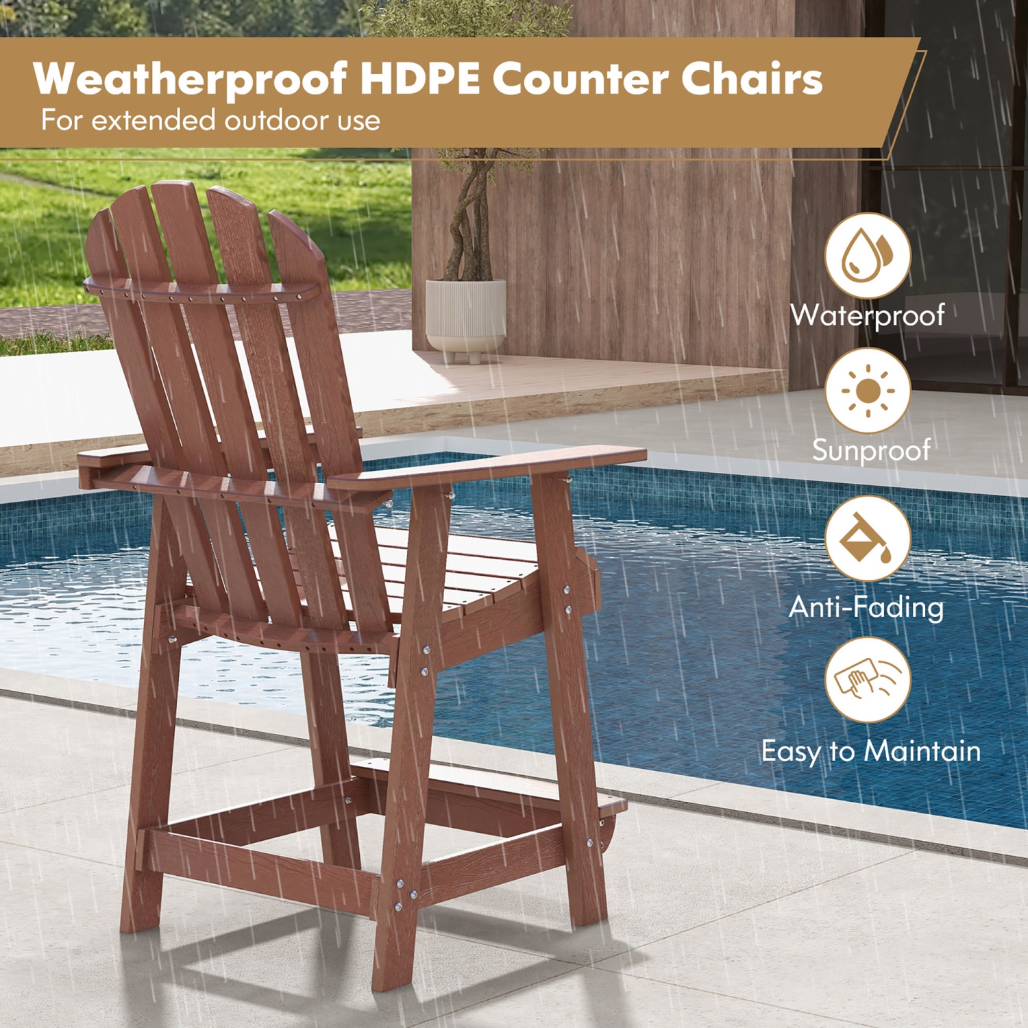 Gymax Tall Bar Stool HDPE Patio Chair w/ Armrest Footrest Home Indoor Outdoor Brown