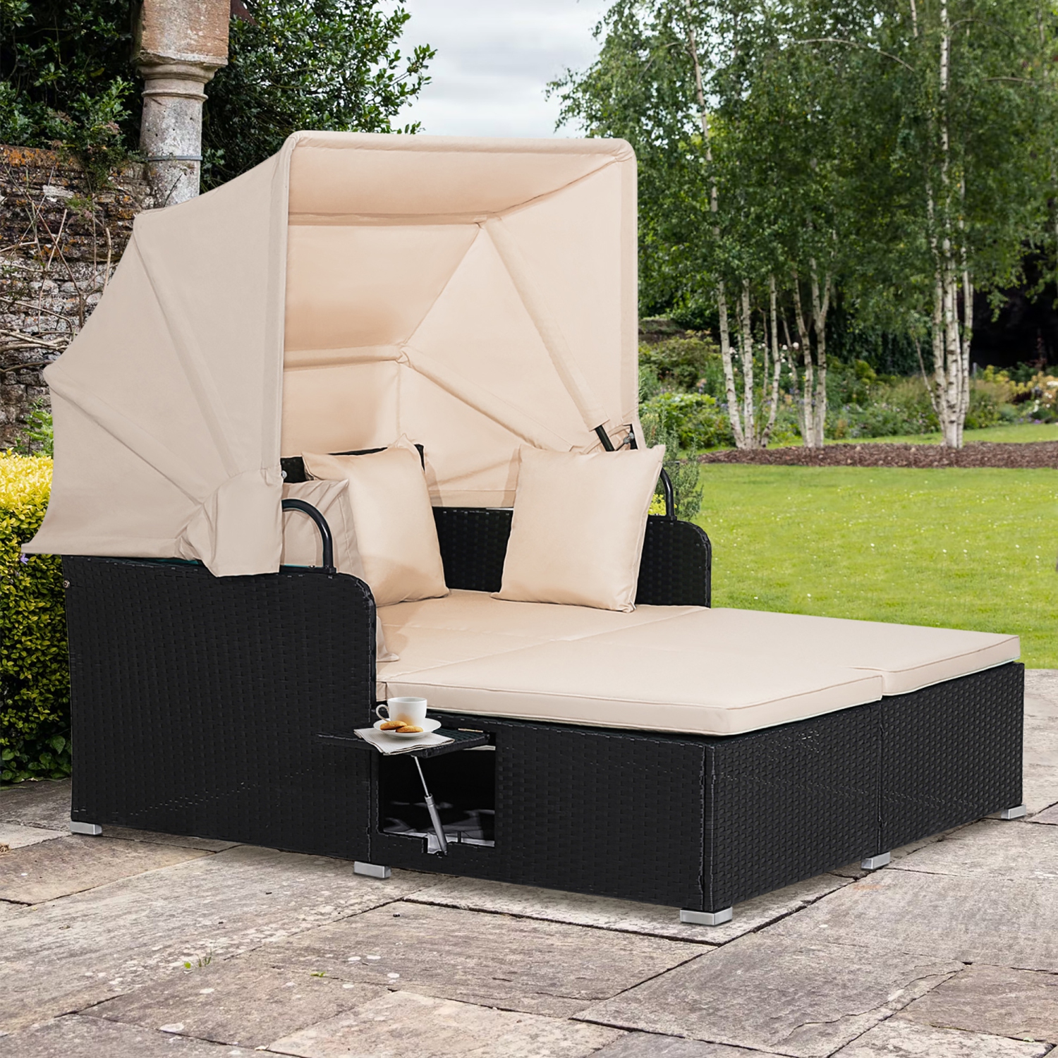 Gymax Patio Rattan Daybed Lounge Retractable Top Canopy Side Tables Cushions Beige