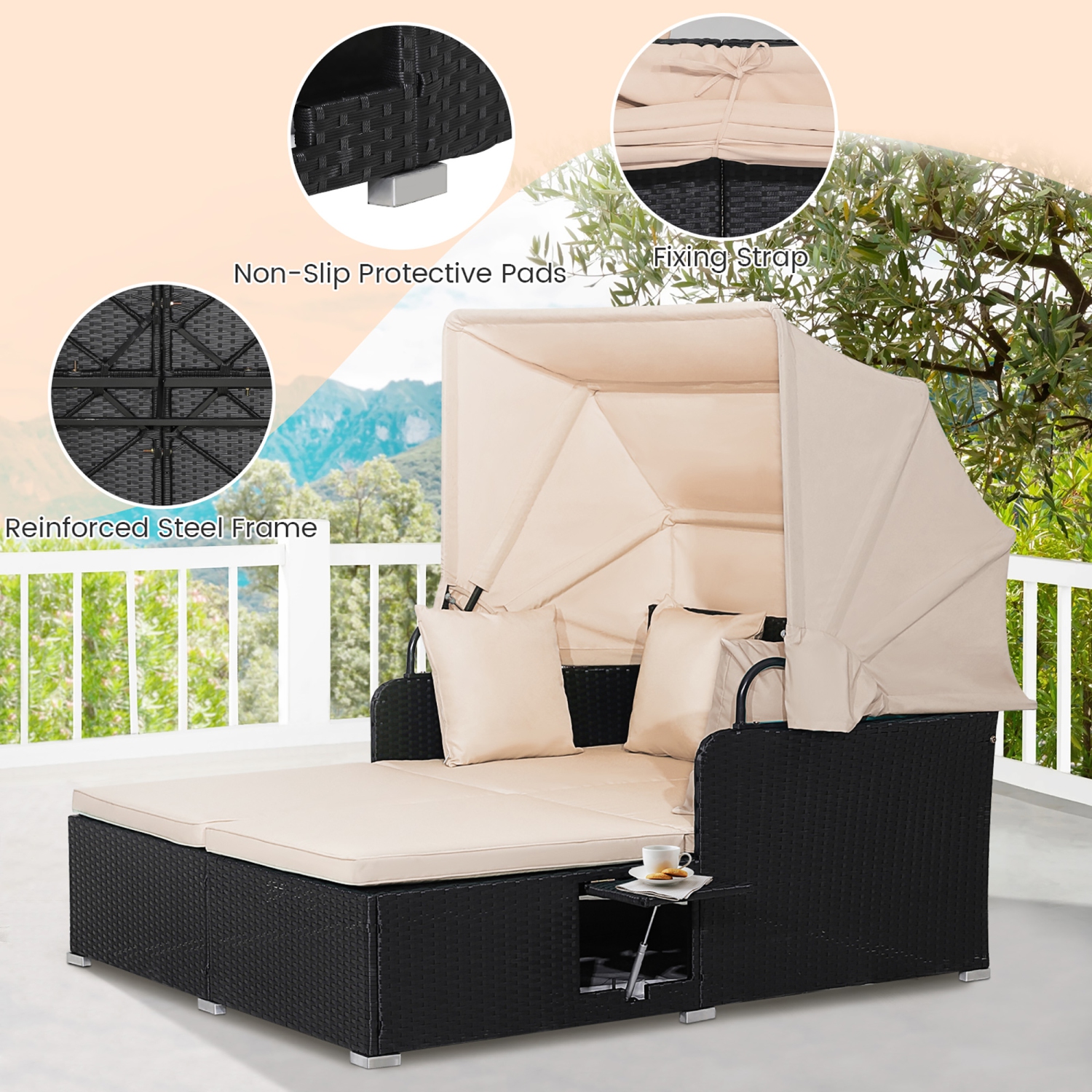 Gymax Patio Rattan Daybed Lounge Retractable Top Canopy Side Tables Cushions Beige