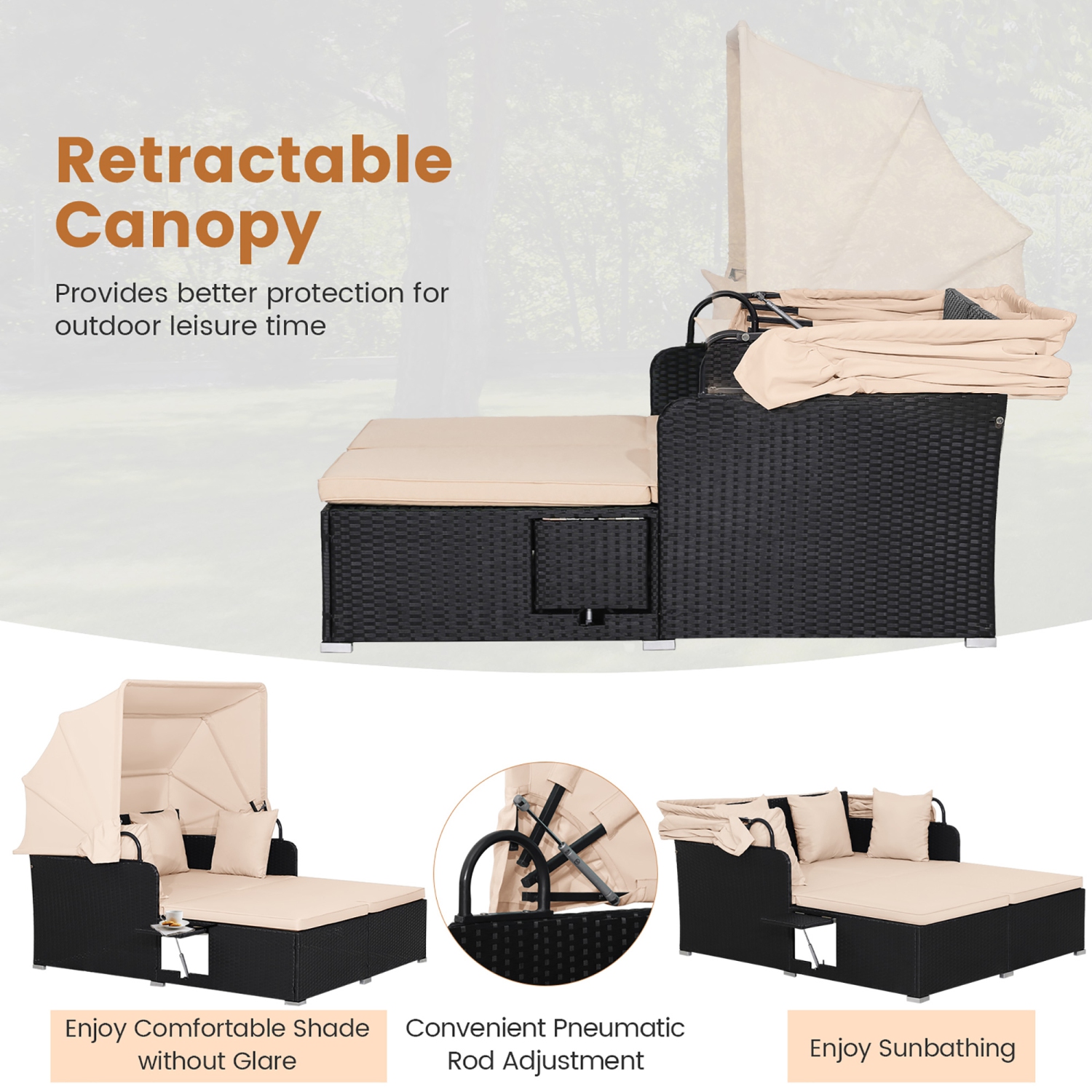 Gymax Patio Rattan Daybed Lounge Retractable Top Canopy Side Tables Cushions Beige